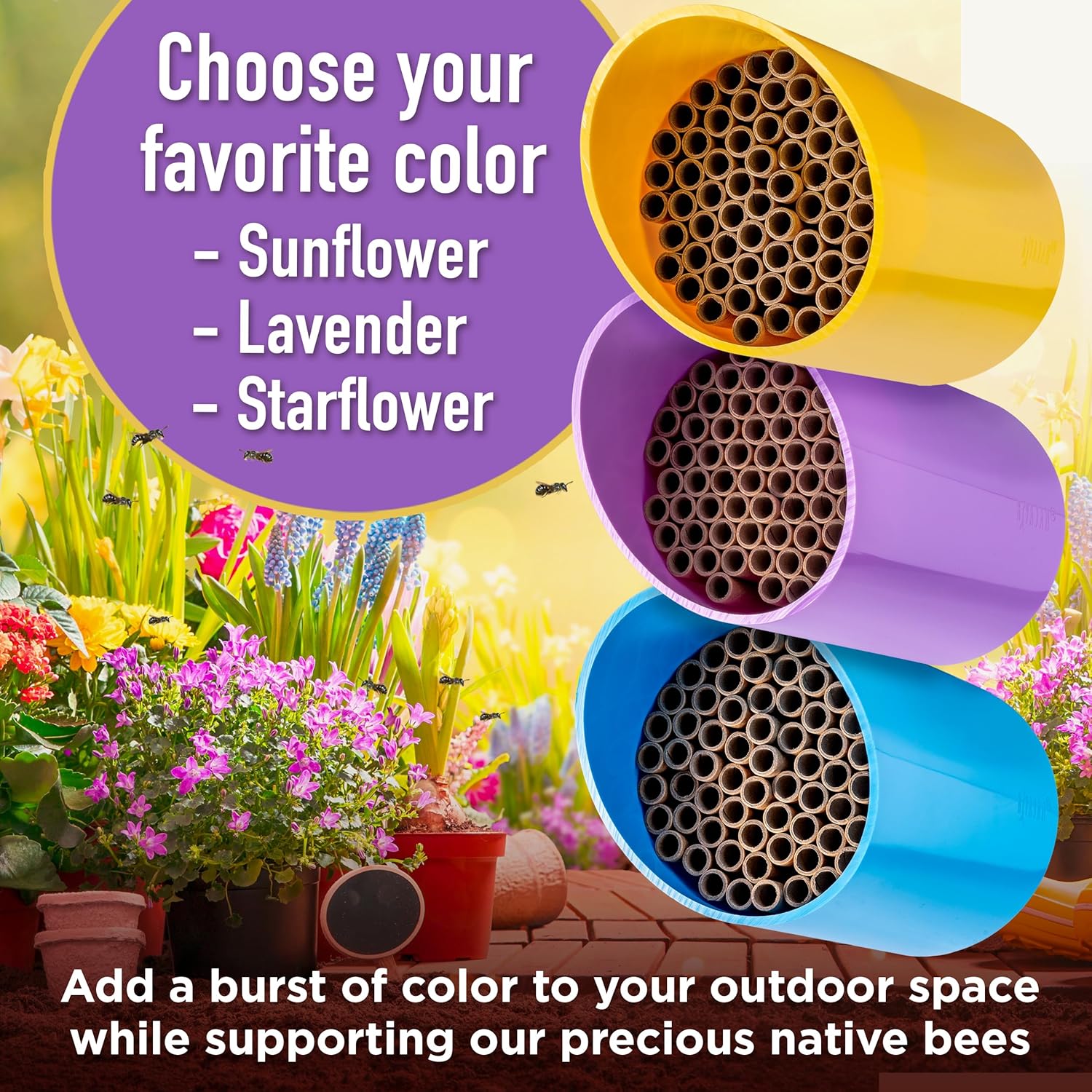 Rivajam Color Splash Mason Bee House - Vibrant & Strong Waterproof Bee Hotel & Insect Habitat - Mason Bee Tubes Filled Bee Houses for The Garden - Pollinator House Bug Hotel Gardening Gifts
