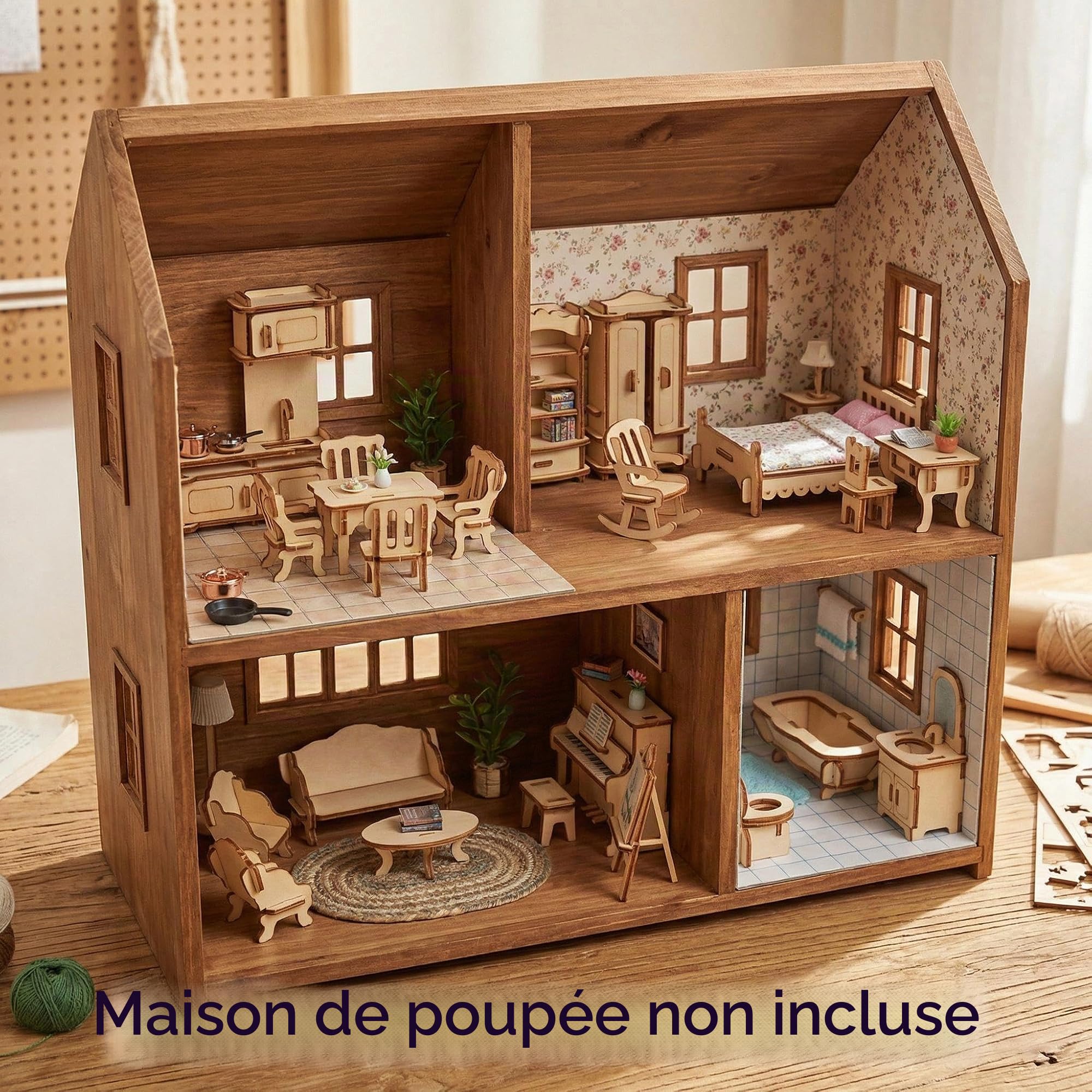 BOHS Kit Créatif 34 Meubles Miniatures en Bois - Puzzle 3D DIY pour Maison de Poupée, Instructions 2D/3D, Découpe Laser, Échelle 1:24 - pour Enfants 6 Ans et Plus