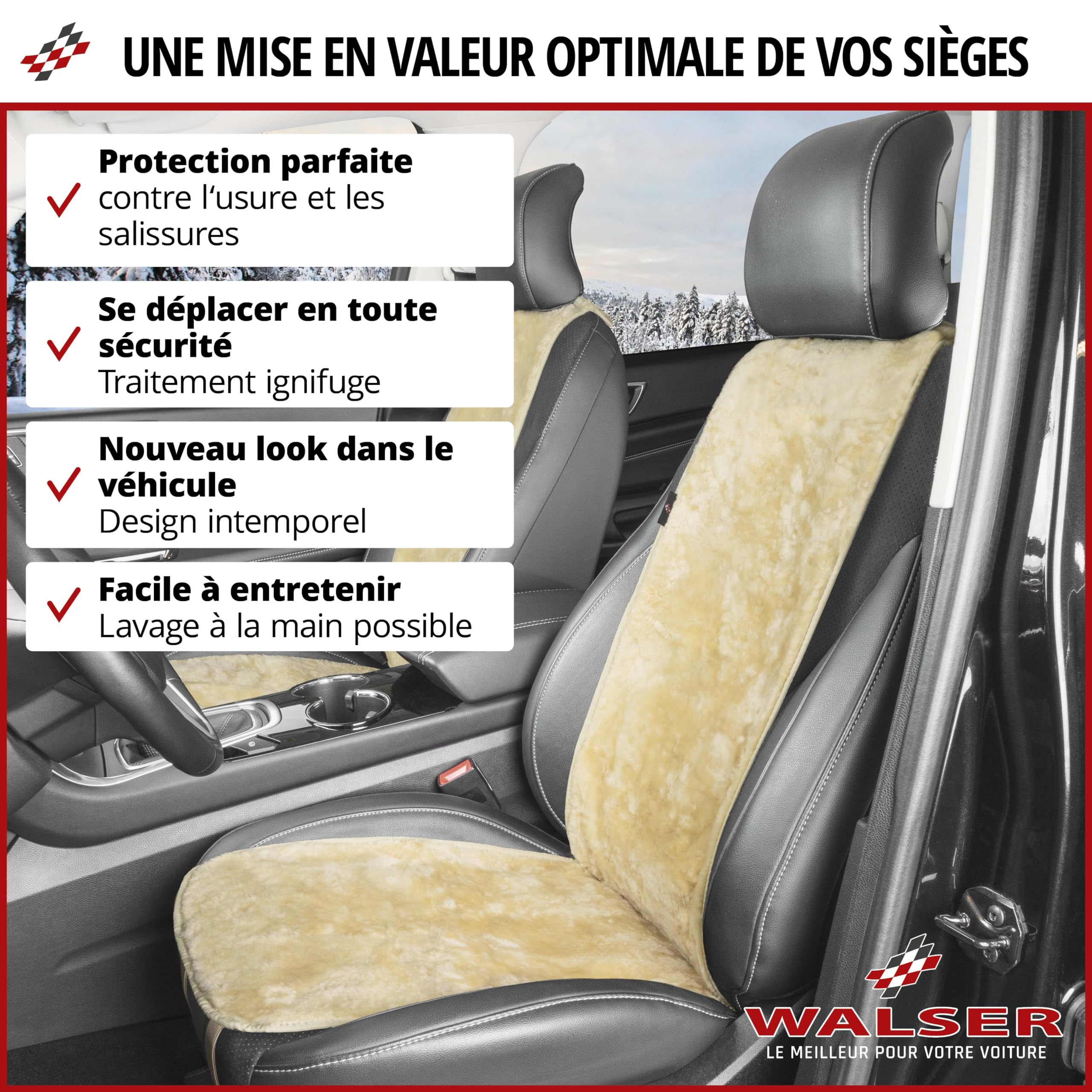 WALSER Protège-siège en peau d'agneau Cosmo, 100% peau d'agneau pour siège de voiture, housse de protection en fourrure noir