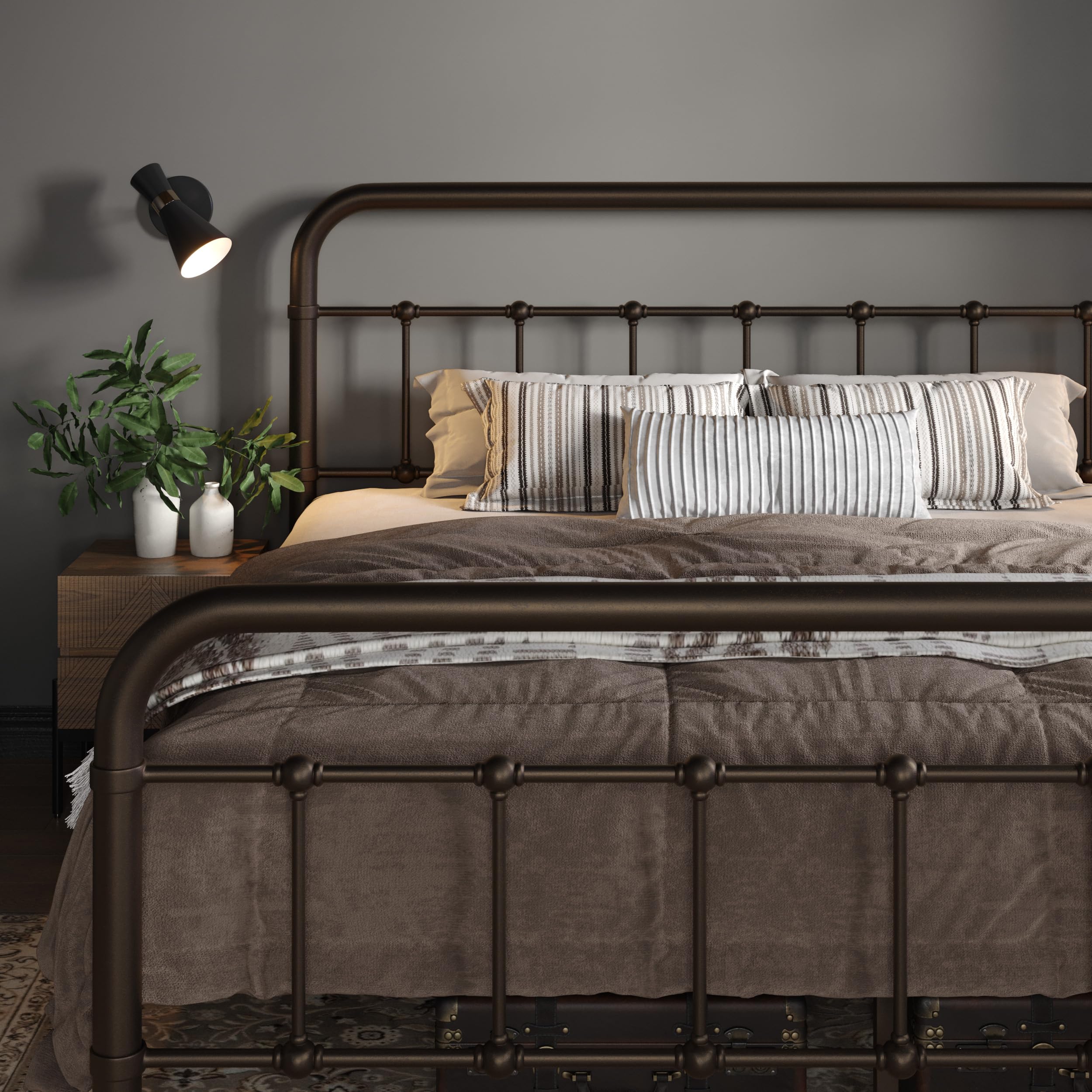 Allewie Queen Metal Bed Frame with Iron-Art Headboard, Antique Bronze