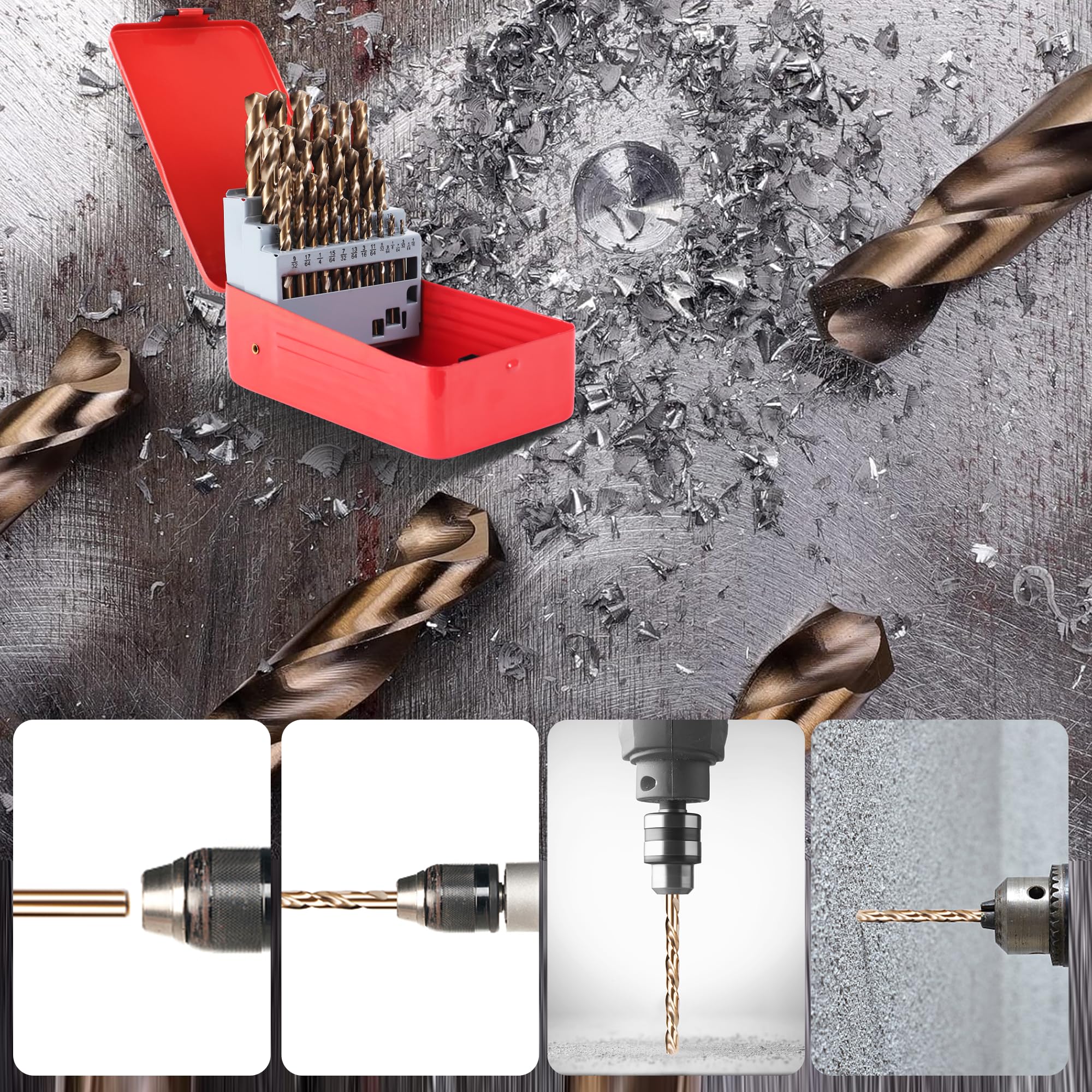 Juego de 29 brocas de cobalto, M35 HSS, punta de 135°, kit de brocas para metal endurecido, hierro fundido, acero inoxidable, plástico y madera, con caja de almacenamiento indexada de metal