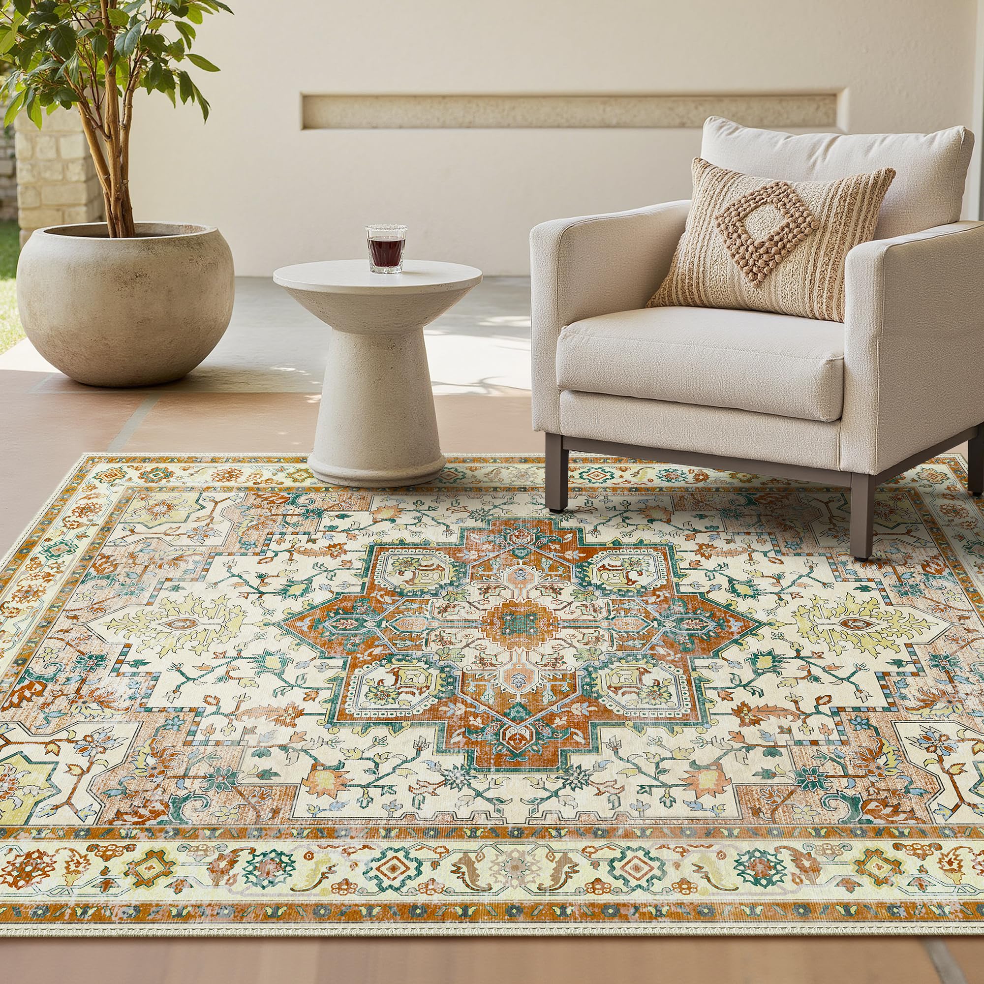 GENIMO Vintage Teppich, Teppiche Wohnzimmer, Waschbare Teppiche, Boho Teppich, Klein Carpet rutschfest