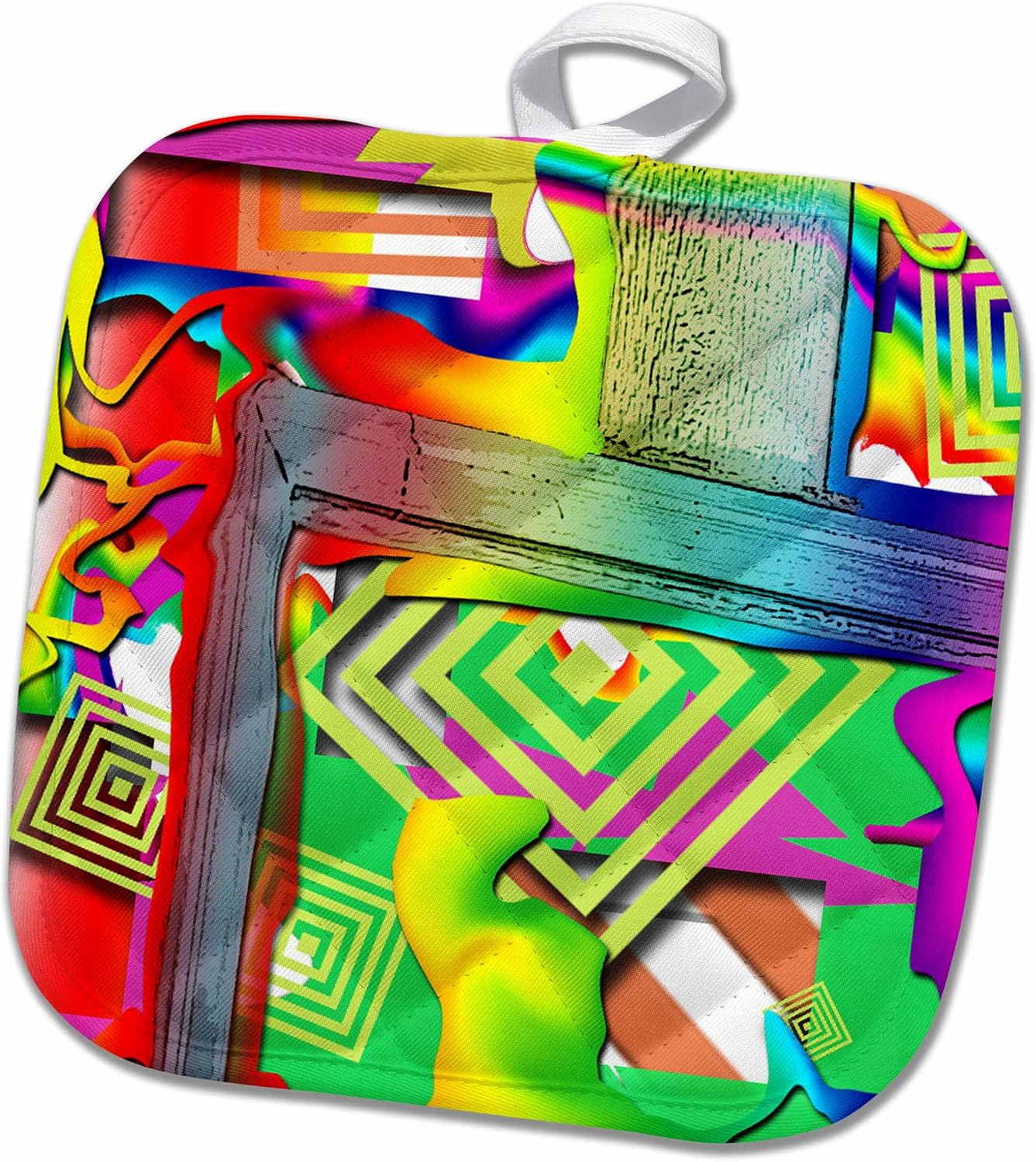 3D Rose Frame of A Blue Door Cut Out and Swirled with Bright-Cheerful Colors of Pink-Green-Red Liquefied Pot Holder, 8" x 8"