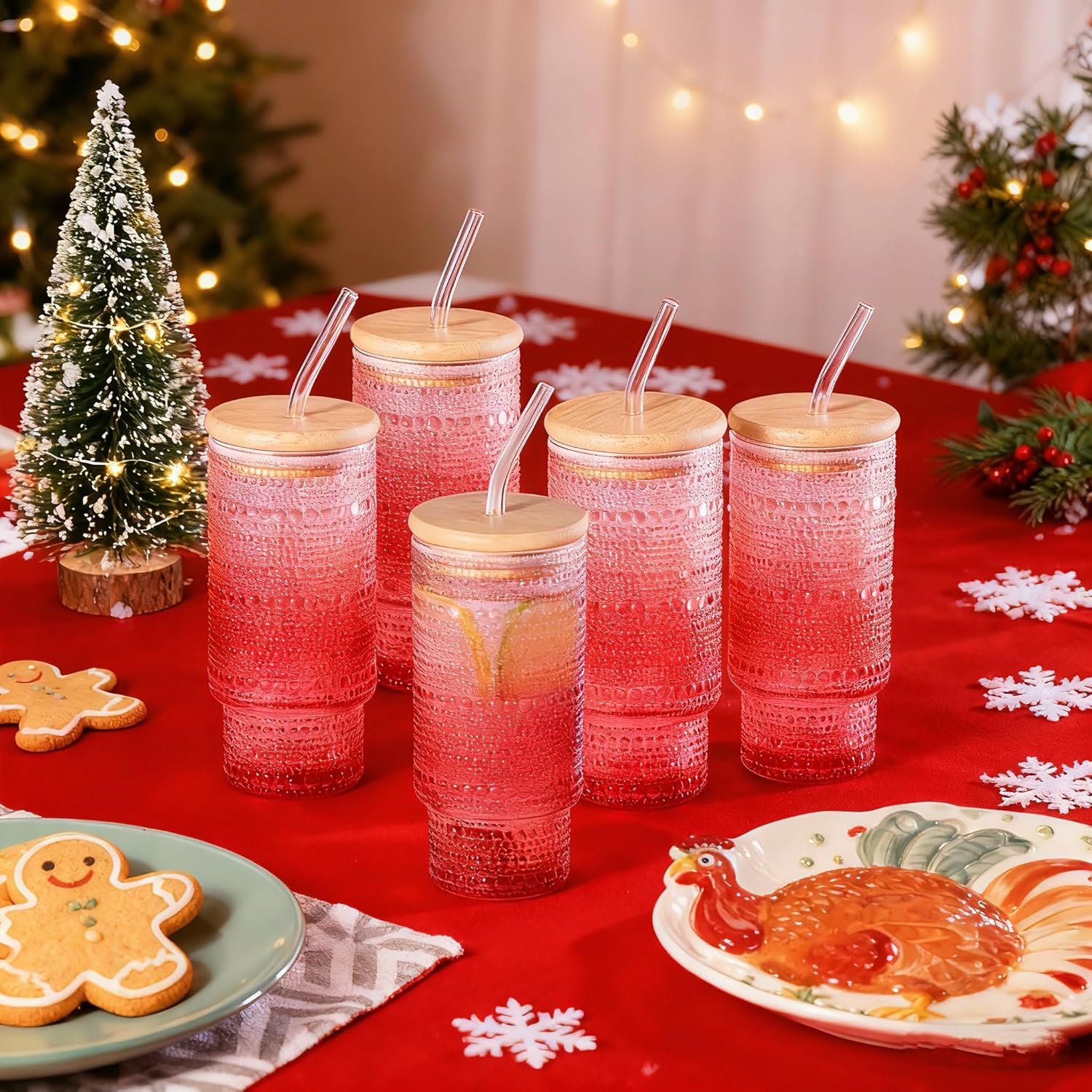 4pcs Glass Cups with Lids and Straws, 16 oz Iced Coffee Cups with Lids for Matcha Latte Juice, Christmas Gifts for Women, Gradual Red - Image 5
