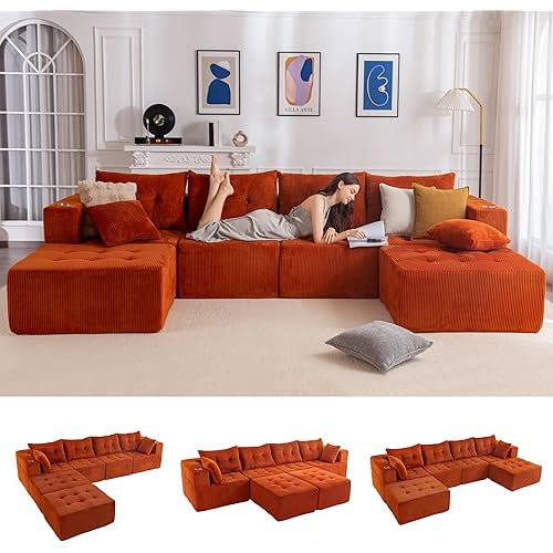 MAXYOYO Modular Sectional Sofa Couch, U Shaped Modern Cloud Couch with 2 Ottomans, Sofa in A Box, Tufted 6-Seat Boneless Sleeper Chair for Living Room, No Assembly Required, Orange