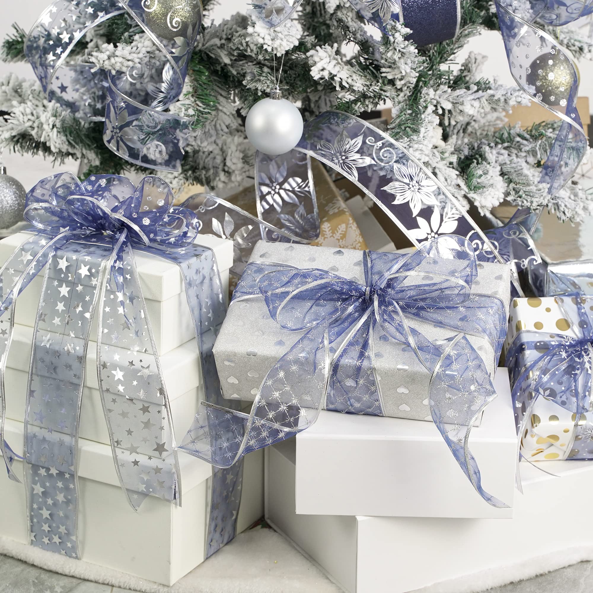 Amazon | AIMUDI ネイビーブルークリスマスリボン 有線 2.5インチ