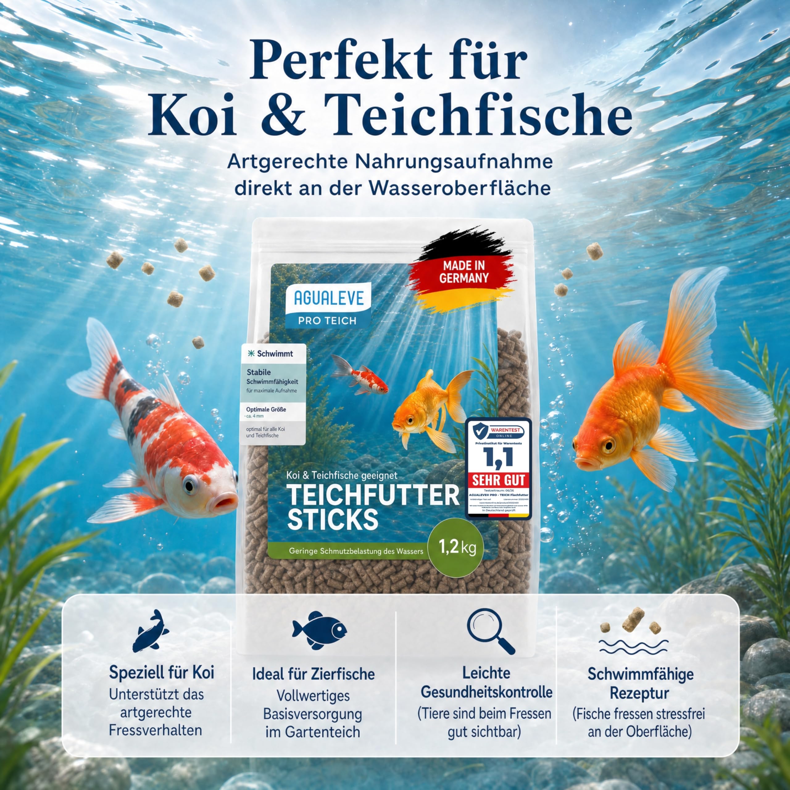 PRO TEICH Teichfutter Sticks 15 L (ca. 1,2 kg) – ganzjährig | schwimmende Sticks 4 mm | Koi & Teichfische | gut sichtbar | Weizenkeim, ausgewogene Nährstoffbasis | Made in Germany