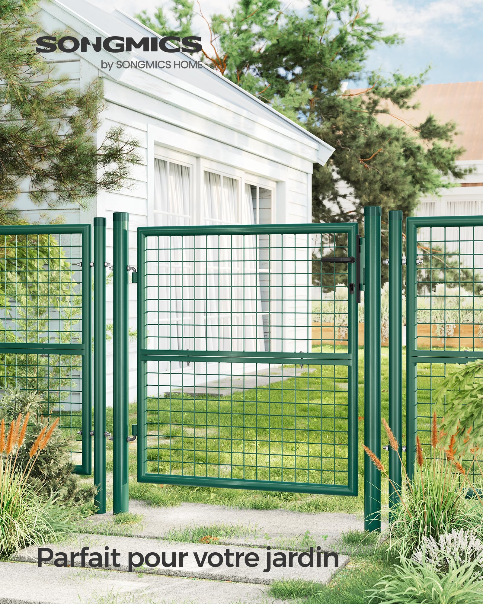 SONGMICS Portillon de Jardin Grillagé, en Acier Galvanisé, Clôture avec Serrure,Porte 106 x 100 cm (L x H), Tube Rond, Vert GGD150G01