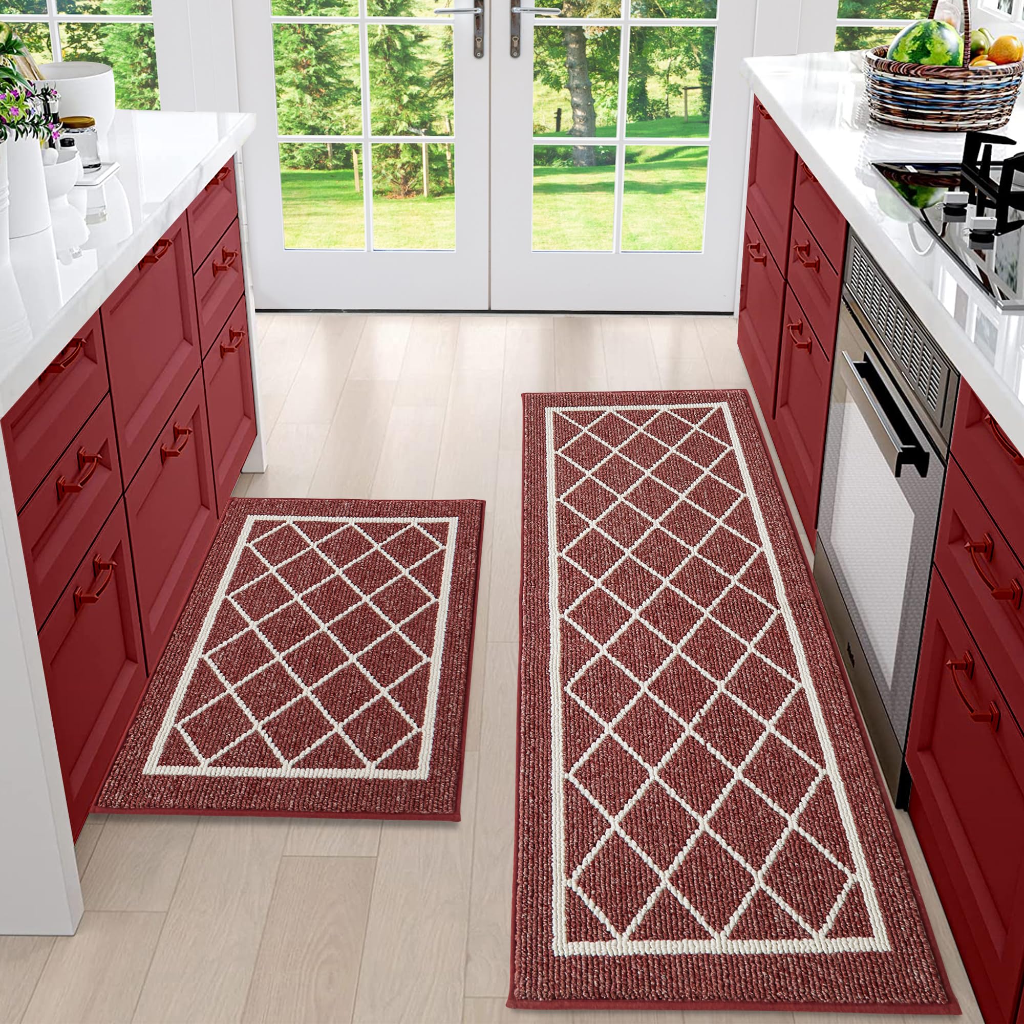 BEQHAUSE Kitchen-Rugs-Washable-Kitchen-Mats-for-Floor Non-Slip Kitchen Mats Set of 2 Absorbent Kitchen Runner Red with TPR Backing 20x30inch/20x48inch