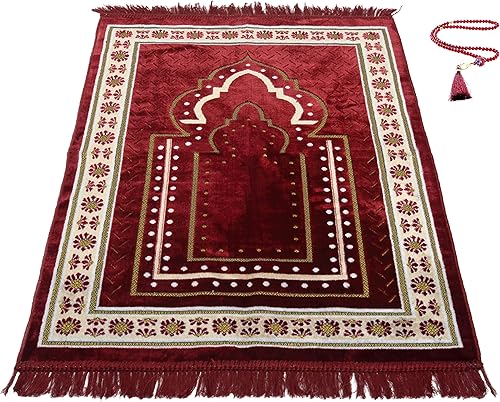 TB - Alfombra de oración islámica gruesa de terciopelo suave, alfombra musulmana, única, árabe, turco, africano, bordada, cuentas de oración,