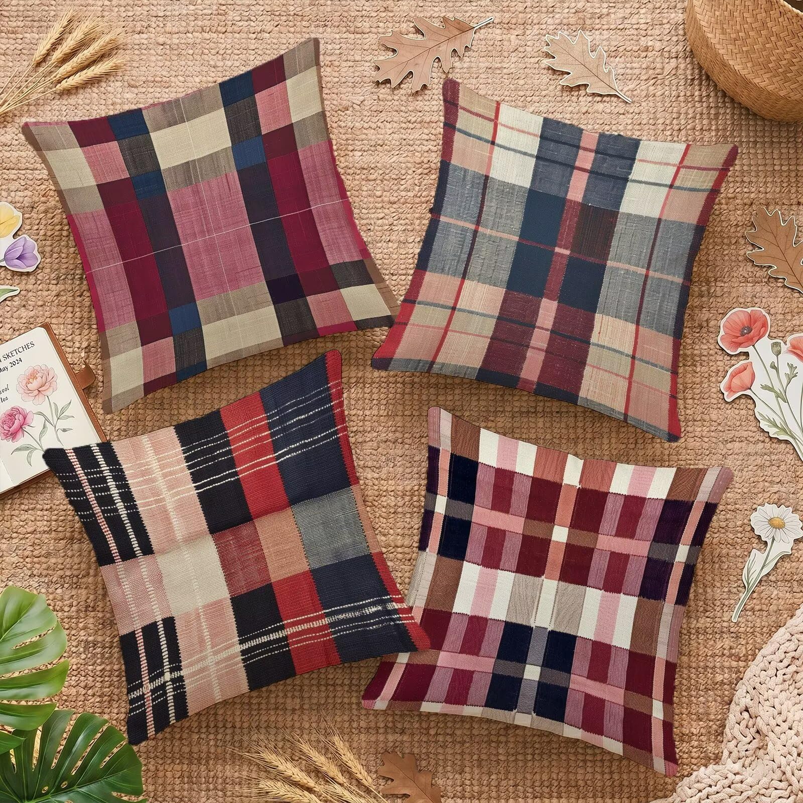 Housses de coussin 45x45cm imperméables en velours plaid lot de 4 pour canapé et salon