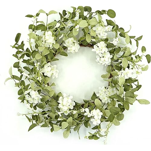 20 inches Artificial Spring Summer Hydrangea Wreath with Green Eucalyptus Leaves and White Hydrangea for Front Door Indoor Outdoor Farmhouse Wall Decor, White Gift Box Included