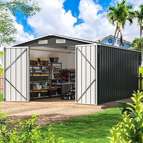 10x14 FT Outdoor Storage Shed, Metal Garden Tool Shed with Updated Frame Structure and Lockable Doors, Ideal for Backyard Garden Patio Lawn, Grey