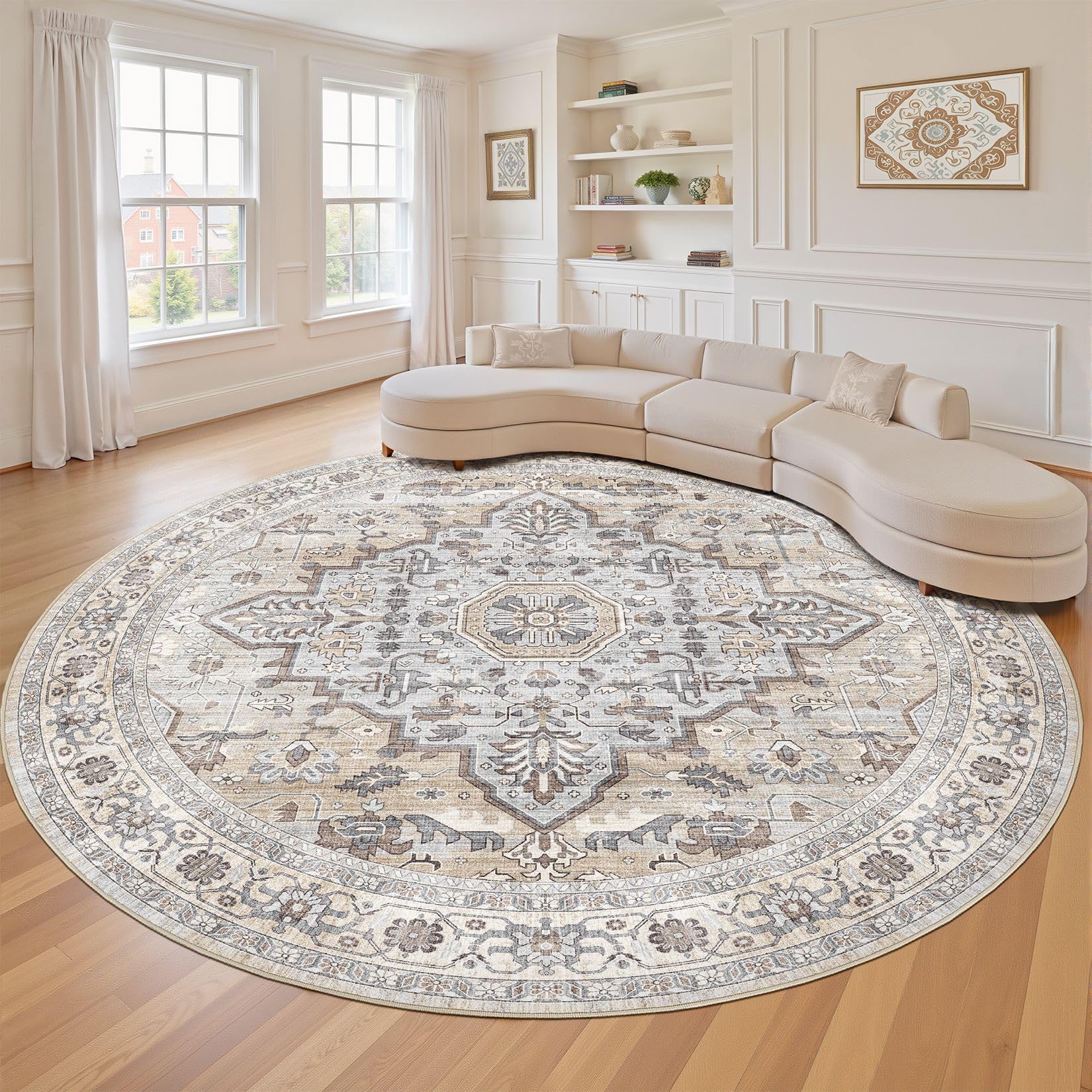 LOONGRUG Round Rug 10x10 Washable Vintage Boho Living Room Rug Ivory Gray