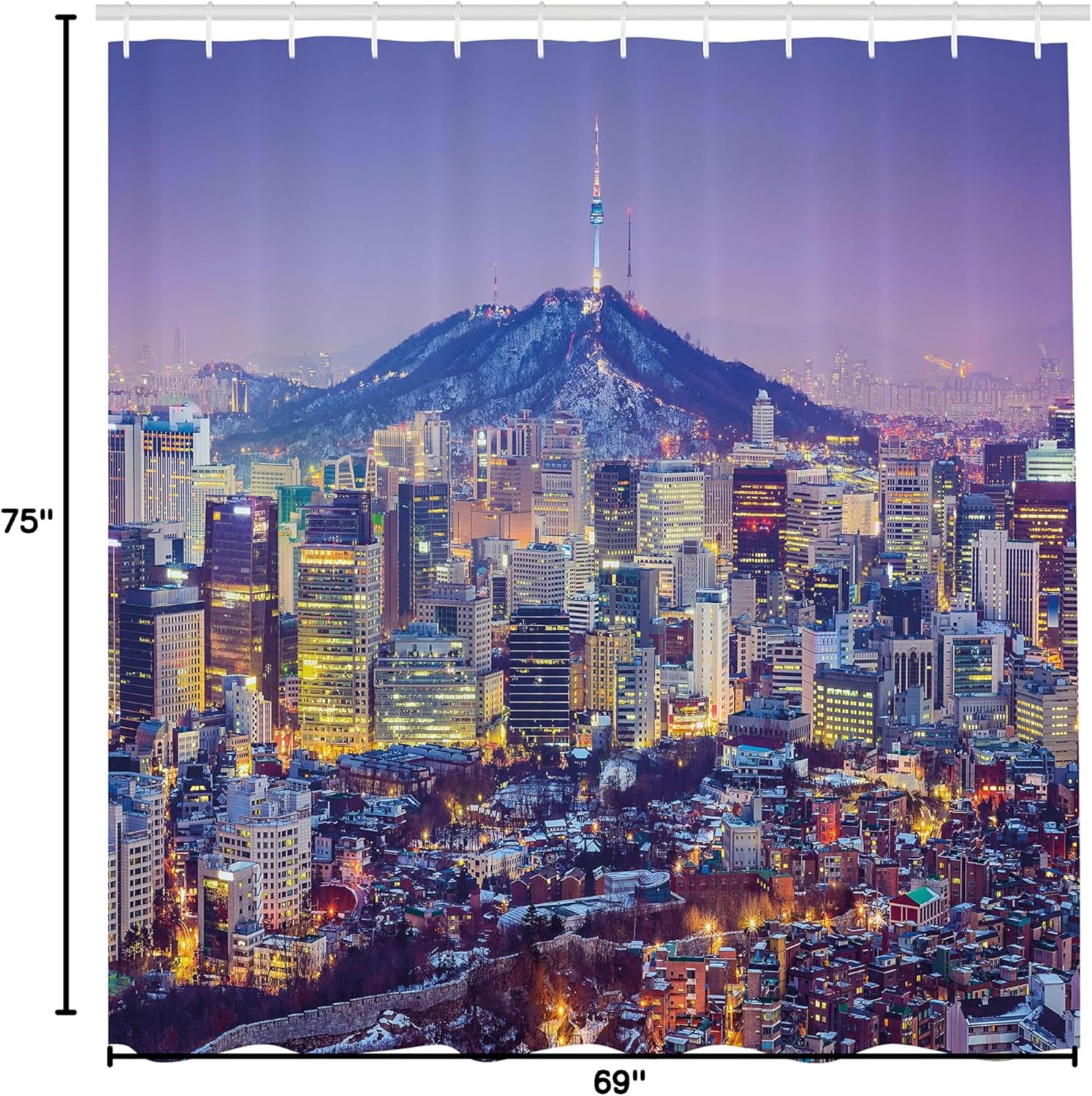 Ambesonne Modern Shower Curtain, Skyline of Seou South Korea Cityscape with Buildings Skyscrapers Urban View at Night, Cloth Fabric Bathroom Decor Set with Hooks, 69" W x 75" L, Indigo