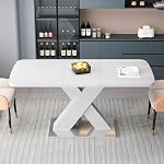 Modern Rectangle Extendable Dining Table 47.24"-62.99", White MDF Table Top with X-Shape Metal Base, Stretchable Kitchen Table for Dining Room, Sturdy & Easy to Assemble (White + MDF+Steel)