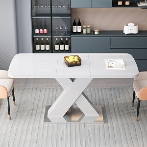 Modern Rectangle Extendable Dining Table 47.24"-62.99", White MDF Table Top with X-Shape Metal Base, Stretchable Kitchen Table for Dining Room, Sturdy & Easy to Assemble (White + MDF+Steel)