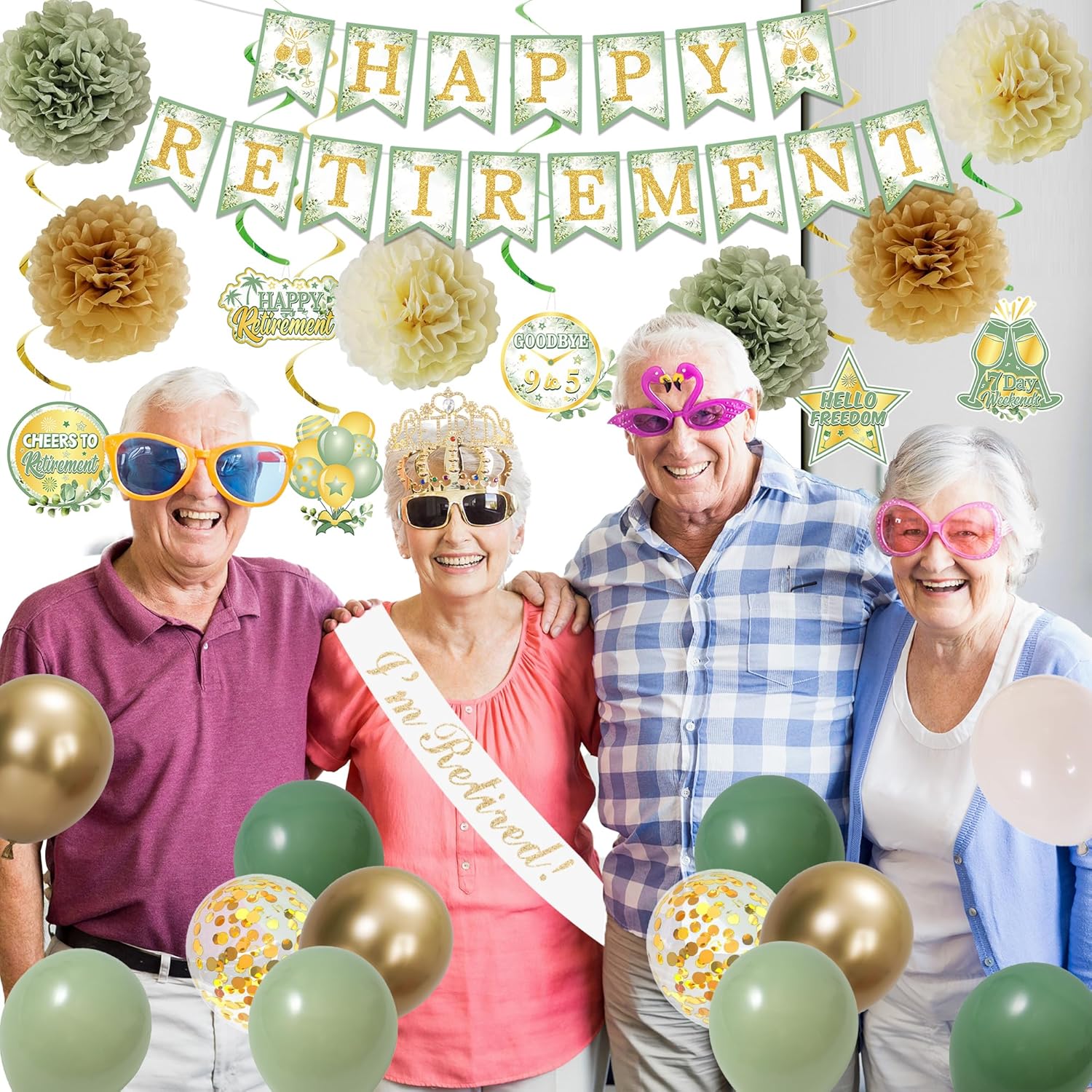 Holkcog Green Retirement Party Decorations Women Men, Green Gold Happy Retired Banner Backdrop、Hanging Swirls Cards for Coworker, I'm Retired Sash & Crown Set, Great for Retiring People