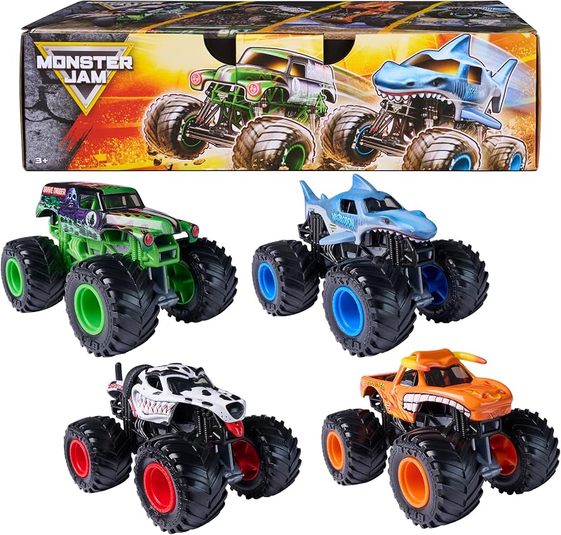 Monster Jam All Stars Monster Trucks, 1:64 Scale Die-Cast Vehicles 4-Pack | Official Grave Digger, Megalodon, Dalmatian & El Toro Loco, Real BKT Tires, Pretend Play Gifts for Kids & Collectors Ages 3+