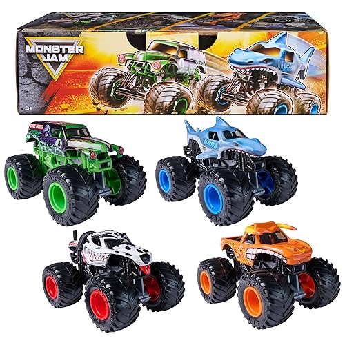 Monster Jam, All Stars 4-Pack Monster Trucks, Official Grave Digger, Megalodon, Dalmatian and El Toro Loco 1:64 Scale, Kids Toys for Boys Ages 3 and up
