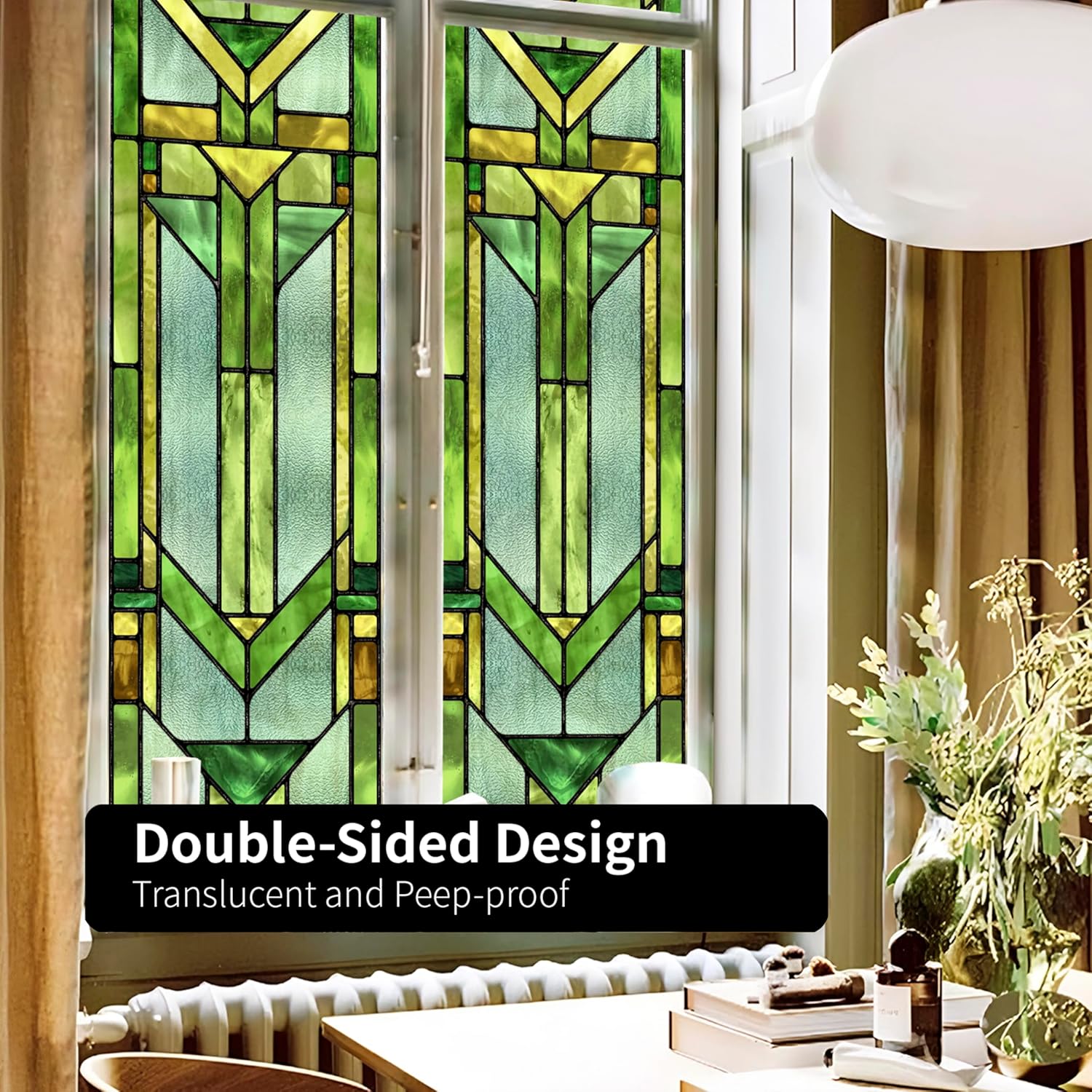 Original Hand Drawn Faux Stained Glass Window Film, Double-Sided Privacy Static Film, Vibrant Chartreuse Geometry Patterns Inspired by Hollyhock House Peep Proof 22.83"X114.17"