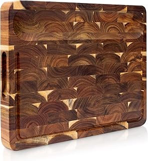 Evergreen End Grain Cutting Board for Kitchen - Large Heavy Duty 16x12.4x1.5" Acacia Wood Butcher Block with Feet - Reversible Charcuterie Meat & Cheese Board - Chef Quality Gift in Box