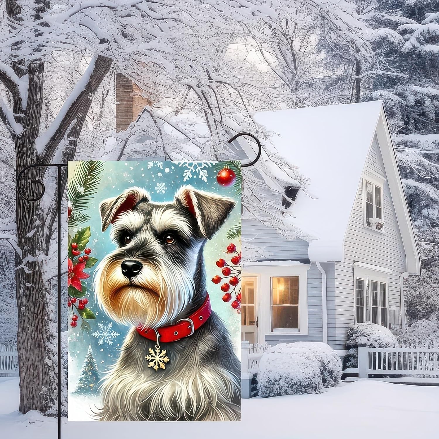 Christmas Garden Flag 12x18 Inches - Festive Schnauzer Dog with Red Collar and Snowflakes, Double-Sided Weatherproof Outdoor Holiday Decoration for Lawn and Patio - Image 3