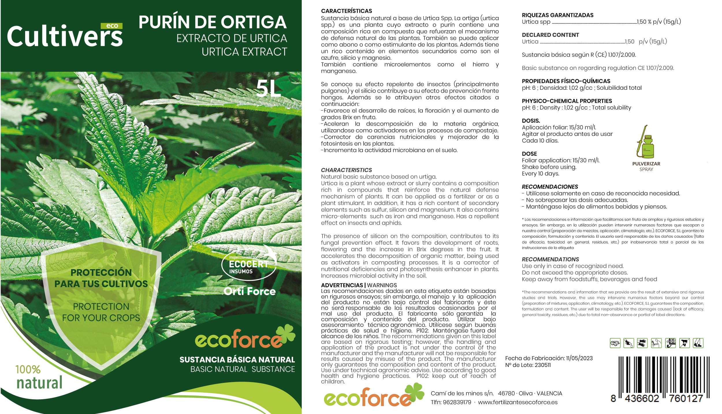 CULTIVERS Pack Cola de Caballo y Purín de Ortiga para plantas 5 L. Súper concentrado. Protección para tus plantas.