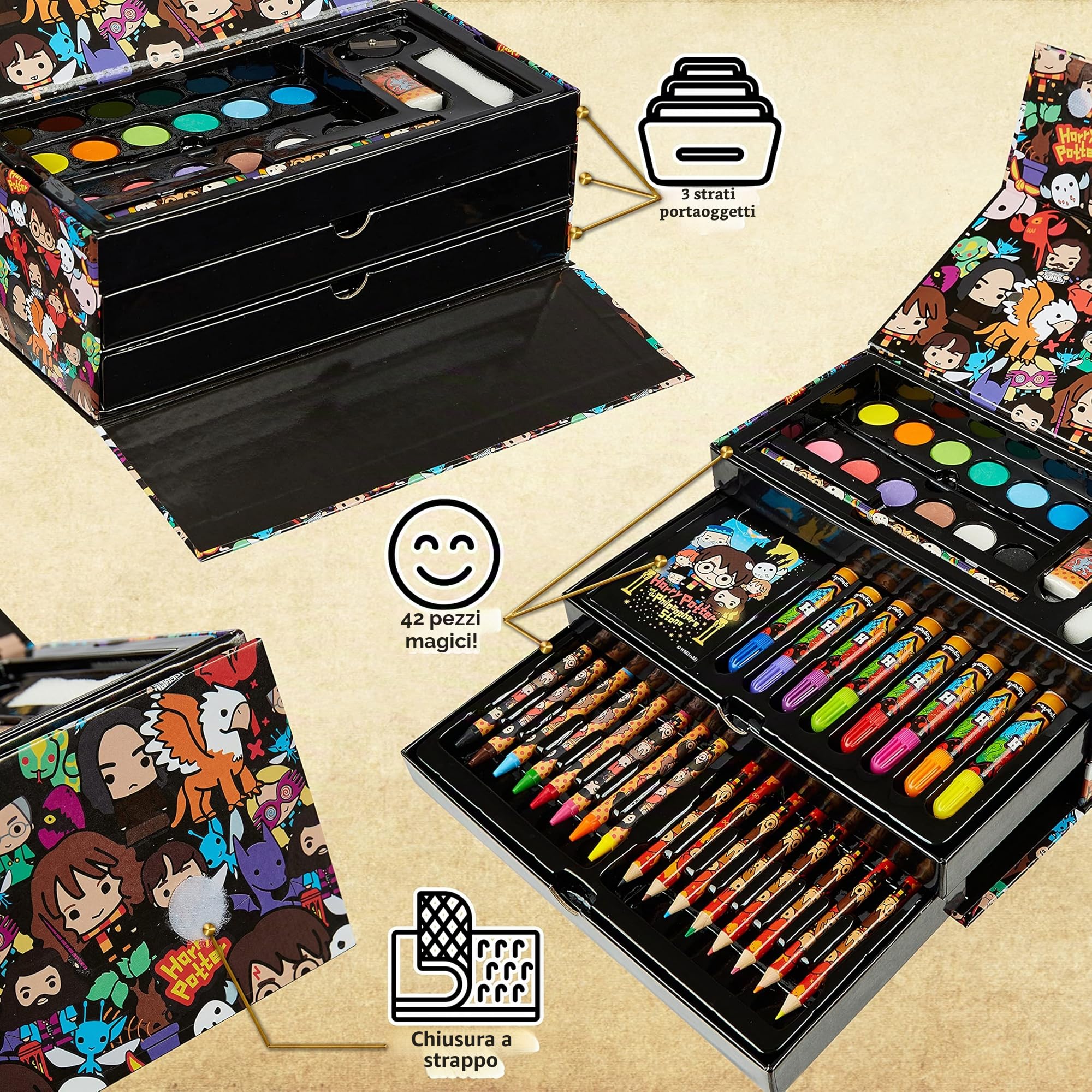 HARRY POTTER Valigetta Colori per Bambini 40+ pzs, Kit Disegno e Pittura con Pennarelli e Matite Colorate