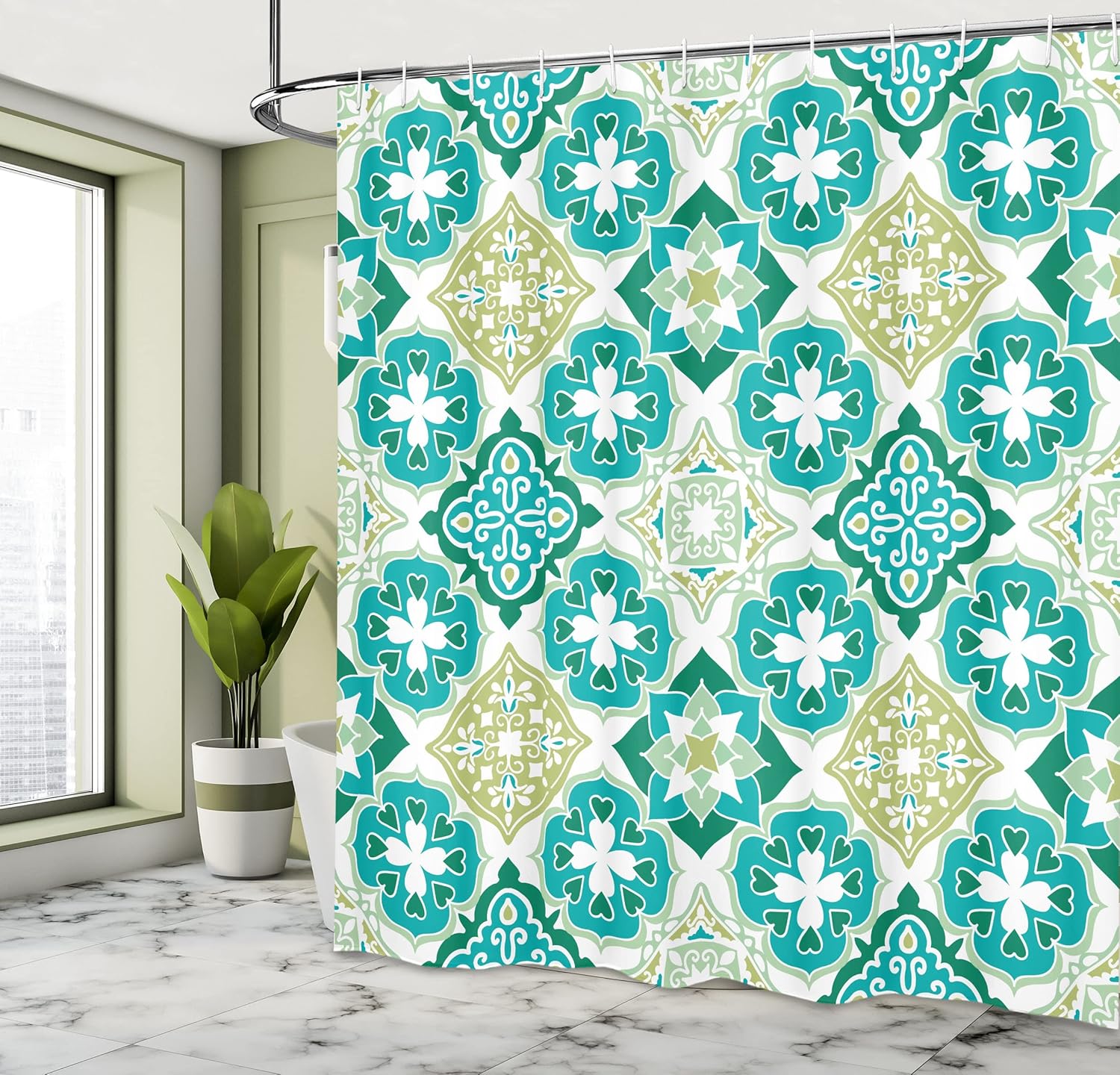 Ambesonne Moroccan Shower Curtain, Colored Tiled Pattern Geometrical Diagonal and Triangle Forms Oldest Craft, Cloth Fabric Bathroom Decor Set with Hooks, 69" W x 70" L, Green Teal White