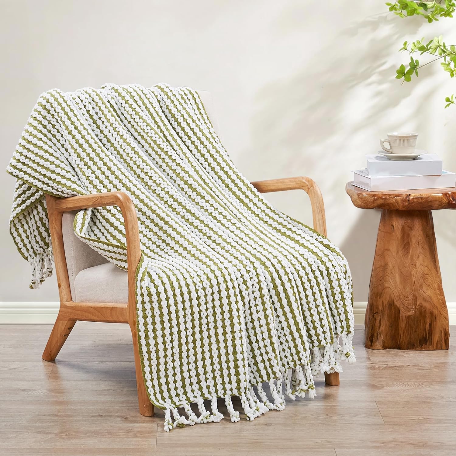 Home Soft Things Textured Chain Tweed Throw Blanket - Silky Soft Microfiber - Modern Farmhouse & Boho Decor for Couch, Bed or Patio - All-Season Breathable Knit with Tassels, 50" x 60", Green Olive