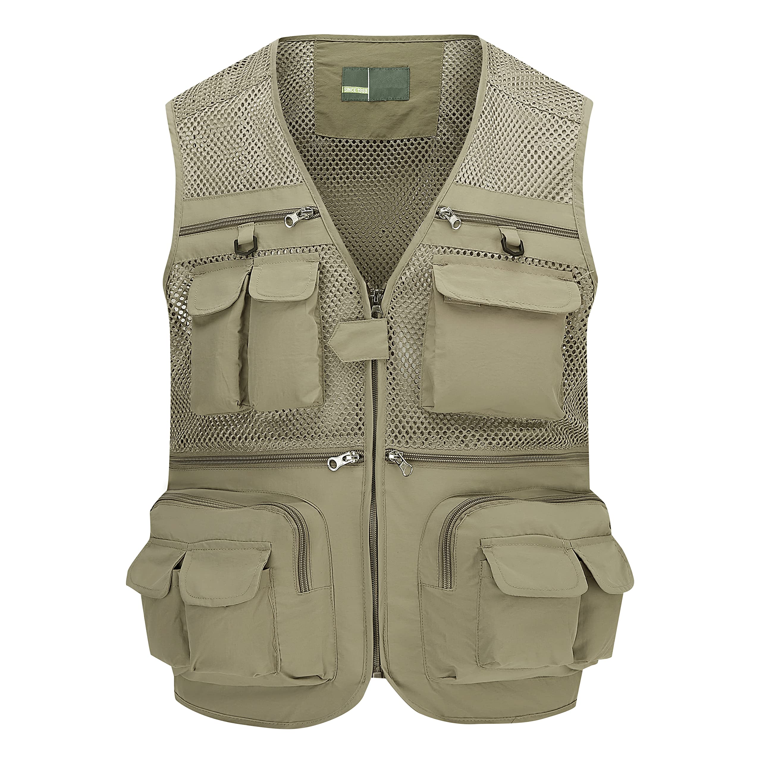 Ziker Men's Mesh Breathable Openwork Camouflage Journalist Photographer Fishing Vest Waistcoat Jacket Coat (US, Alpha, Small, Regular, Regular, Beige)