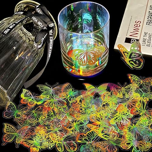 Miniatura 6 de Yoksas 100 calcomanías de mariposa holográficas doradas con purpurina, calcomanías de mariposa transparentes para álbumes de recortes, botellas de