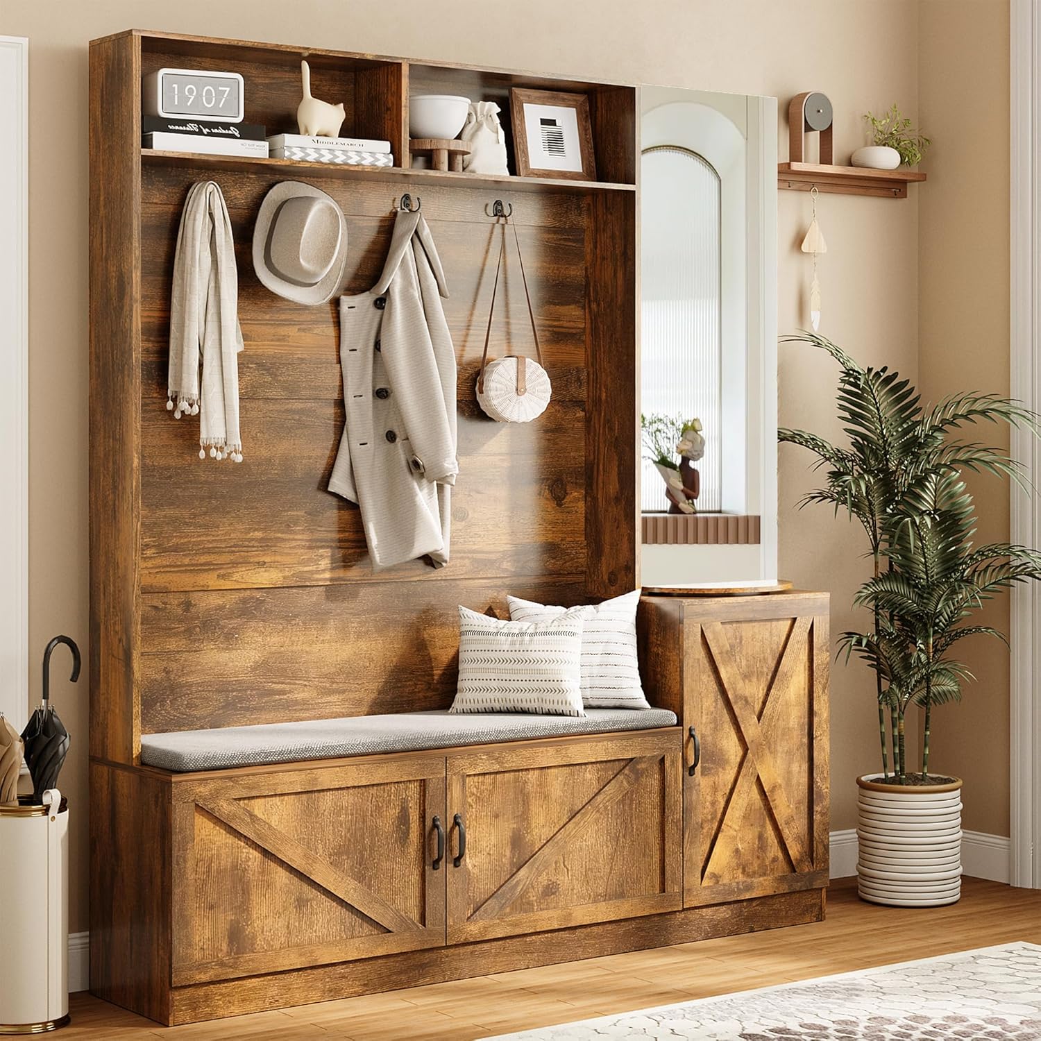 Fameill 79" Hall Tree with Bench and Shoe Storage, Tall Coat Rack with Mirror and Hidden Storage Shelves, Entryway Shoe Organizer with Cushion for Mudroom, 6 Shoe Cubbies & 4 Double Coat Hooks, Brown