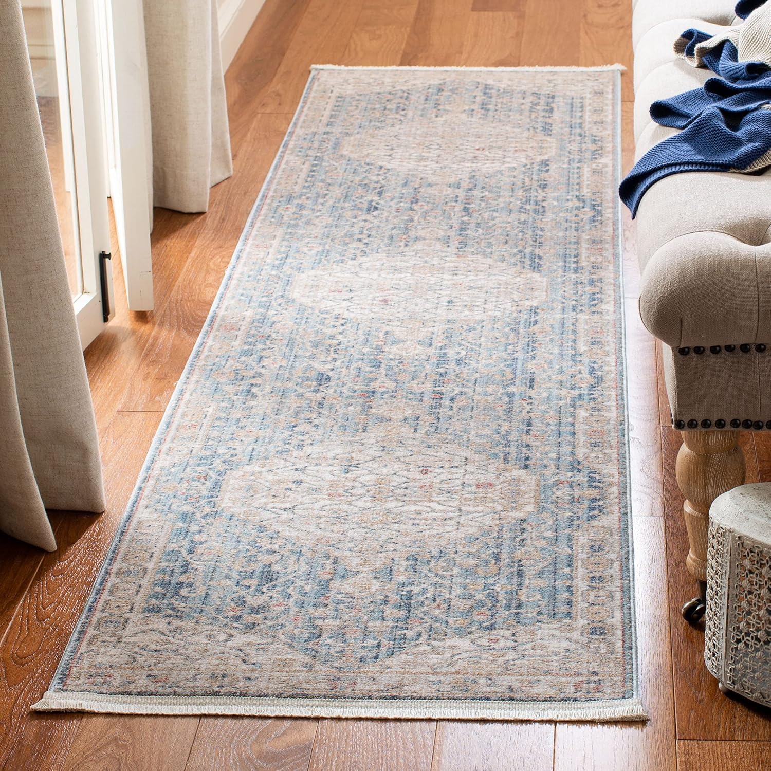 SAFAVIEH Kenitra Collection Runner Rug - 2'2" x 8', Blue & Ivory, Vintage Oriental Distressed Design, Non-Shedding & Easy Care, Ideal for High Traffic Areas in Living Room, Bedroom (KRA661M)