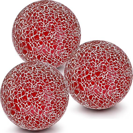 3 Pcs Mosaic Sphere Balls Decorative for Bowls,3.15 Inch Red Orbs Glass Balls for Centerpiece Bowls,Mosaic Sphere for Home Decoration Dining Table