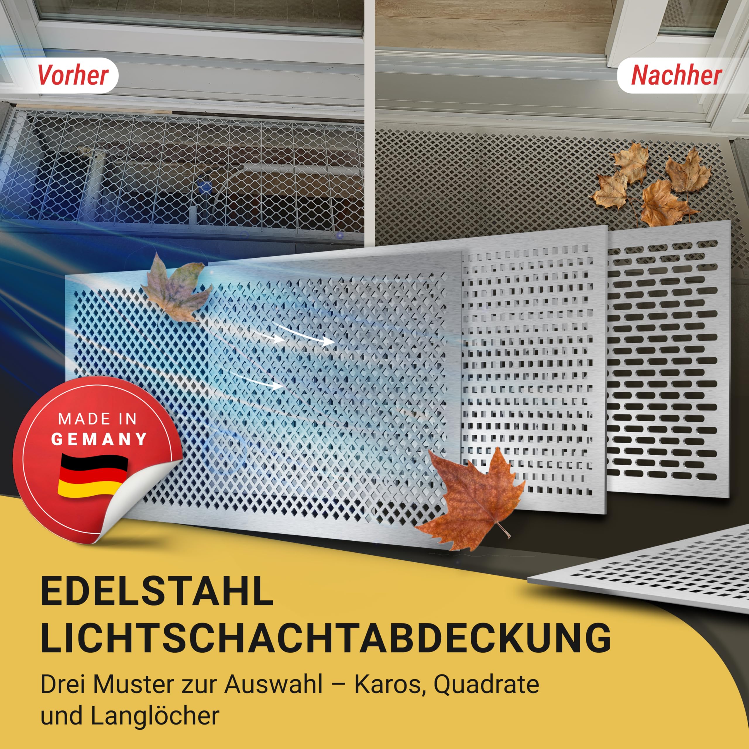 Lichtschachtabdeckung Edelstahl – Mit Insektenschutz - Quadrate - Rostfrei & langlebig – Begehbar – Einfache Montage – Hochwertiges Design & Funktion – Made in Germany