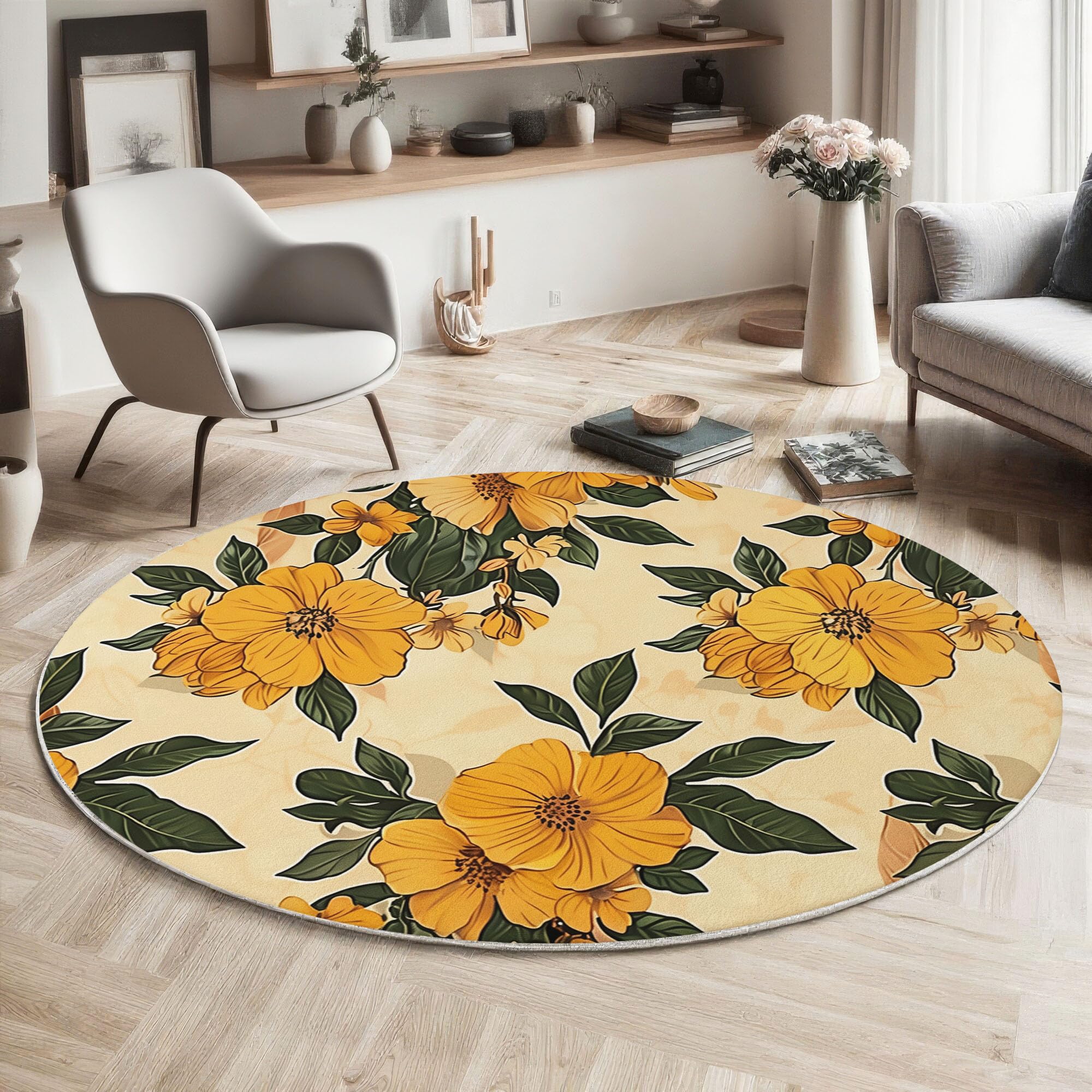 Runder Teppich Senfgelb 100cm Kurzflor Teppich Weich Waschbar Gelbe Blumen Stuhlkissen Rund Pflegeleicht und Wetterbeständig für Wohnzimmer, Schlafzimmer, Büro