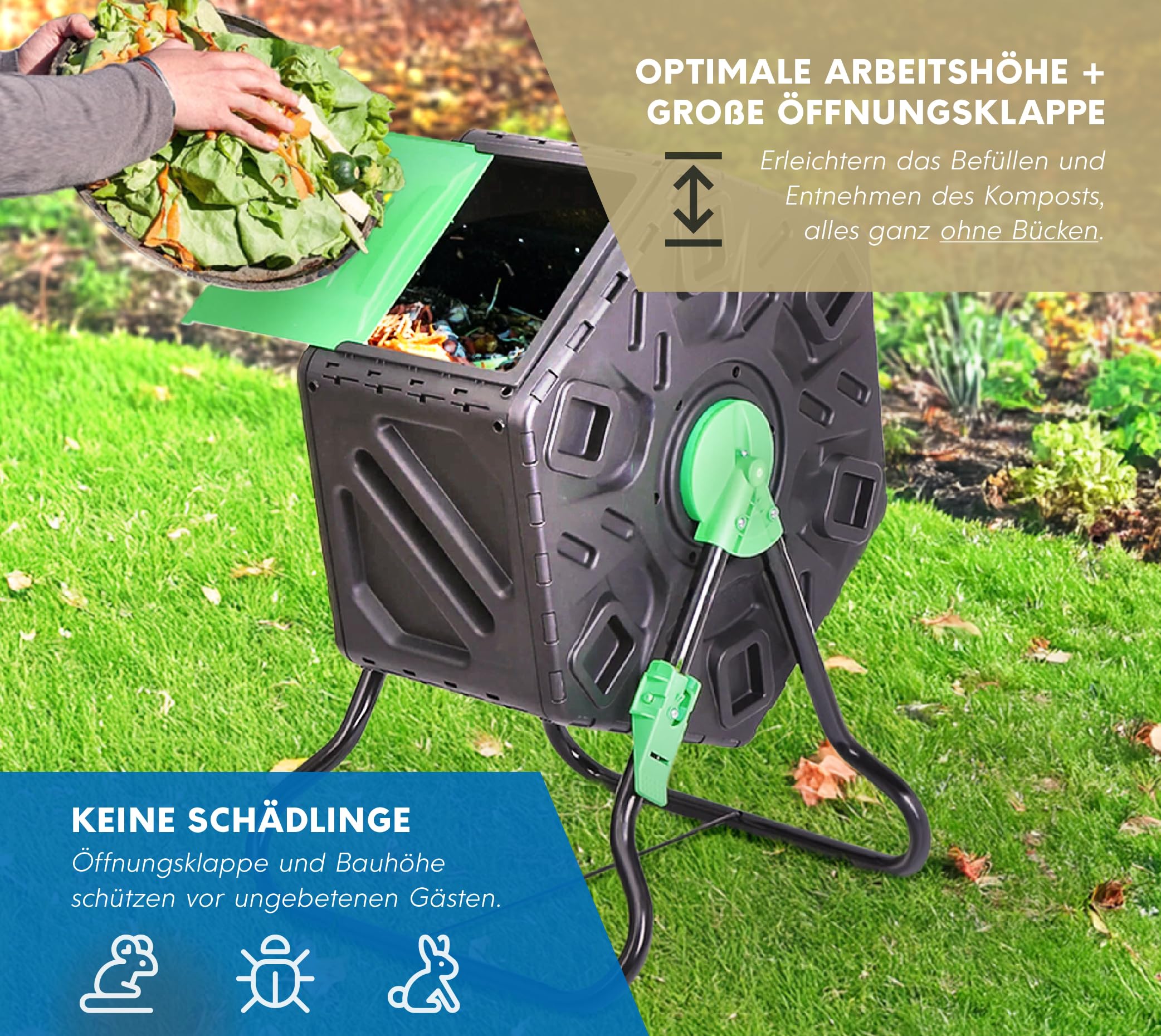 Westmann Kunststoff Trommelkomposter Humus | 60 L rotierender Komposter | Mobiler Kompostierer für Gartenabfälle | 360° drehbar | Rückenschonend & platzsparend | Grün | 60x74x36 cm