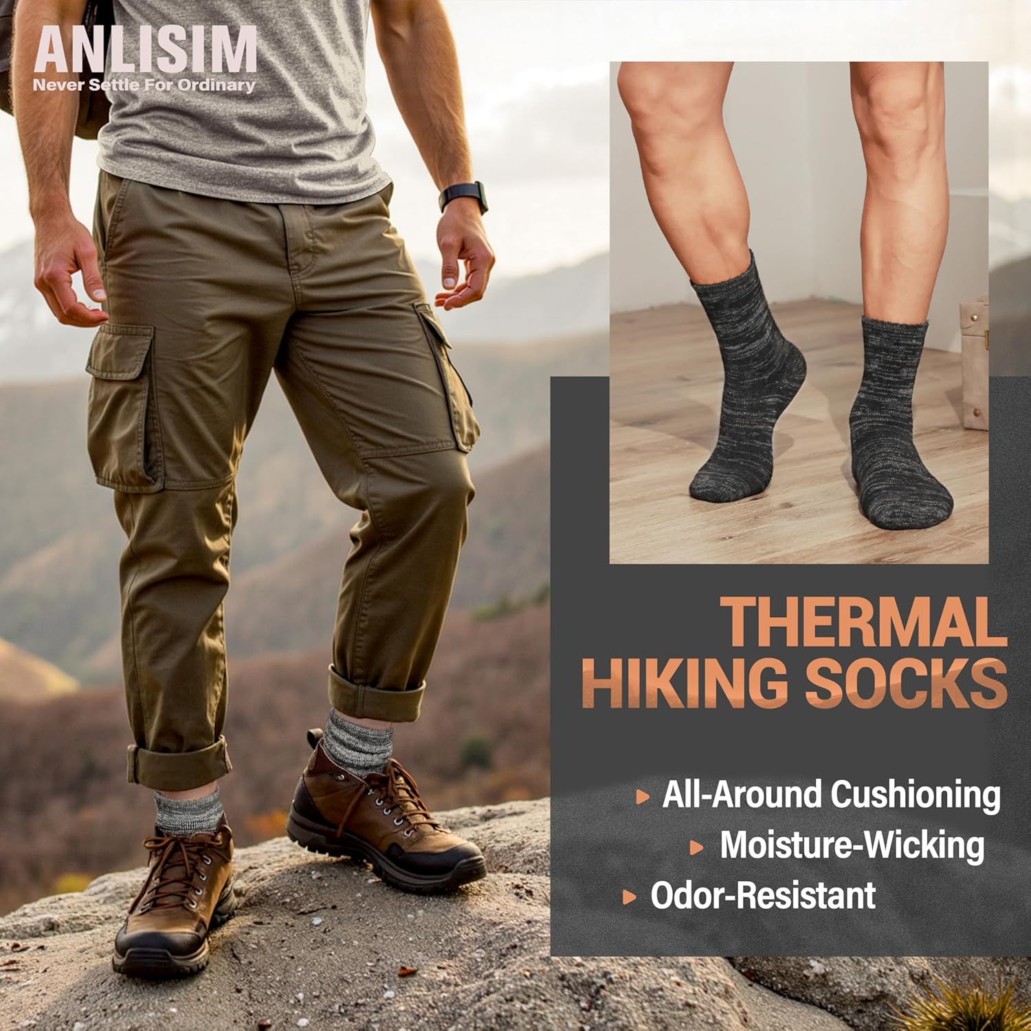 Anlisim Merino Wool Warm Boot Hiking Socks Thermal Extra Thick Winter Cozy Crew Comfy Cushioning Work Women Men Socks 4 Pairs - Image 4