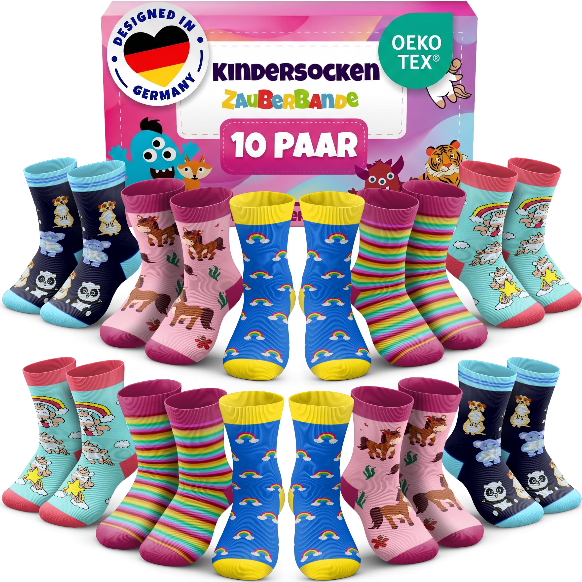 Zauberbande Socken Jungen/Mädchen - 10 Paar - bunte und lustige Kindersocken aus Baumwolle - Socken Kinder für Schule, Kindergarten & Sport - OEKO-TEX Standard 100-23-26, 27-30, 31-34, 35-38