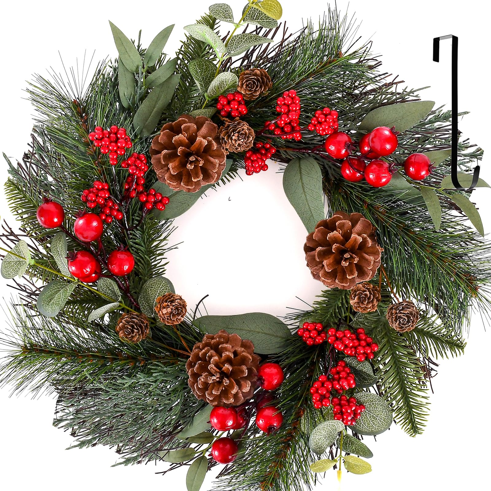 WellSign 24 Inch Artificial Christmas Wreath for Front Door with Hangers