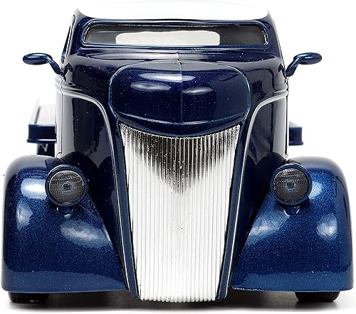 Miniatura 6 de Jada Toys Just Trucks 1:24 1947 Ford COE - Auto de cama plana fundido a presión color azul oscuro y blanco con estante para neumáticos, juguetes