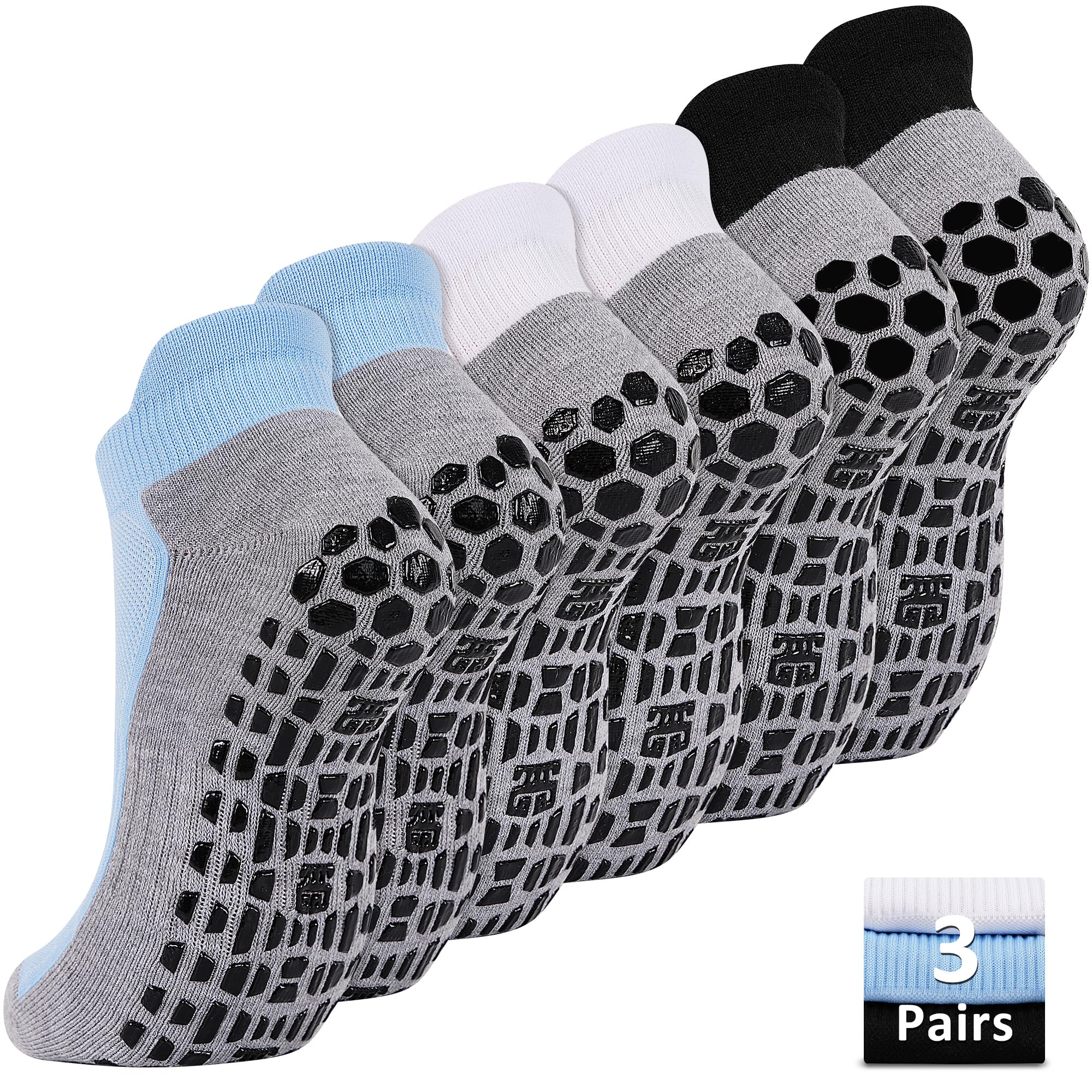 ELUTONG Men Non Slip Anti-Skid Socks 3 Pairs Tile Wood Floors Sticky Grips Ankle Socks for Yoga Pilates Workout Hospital, 01 Black+white+blue, 6.5-9 UK