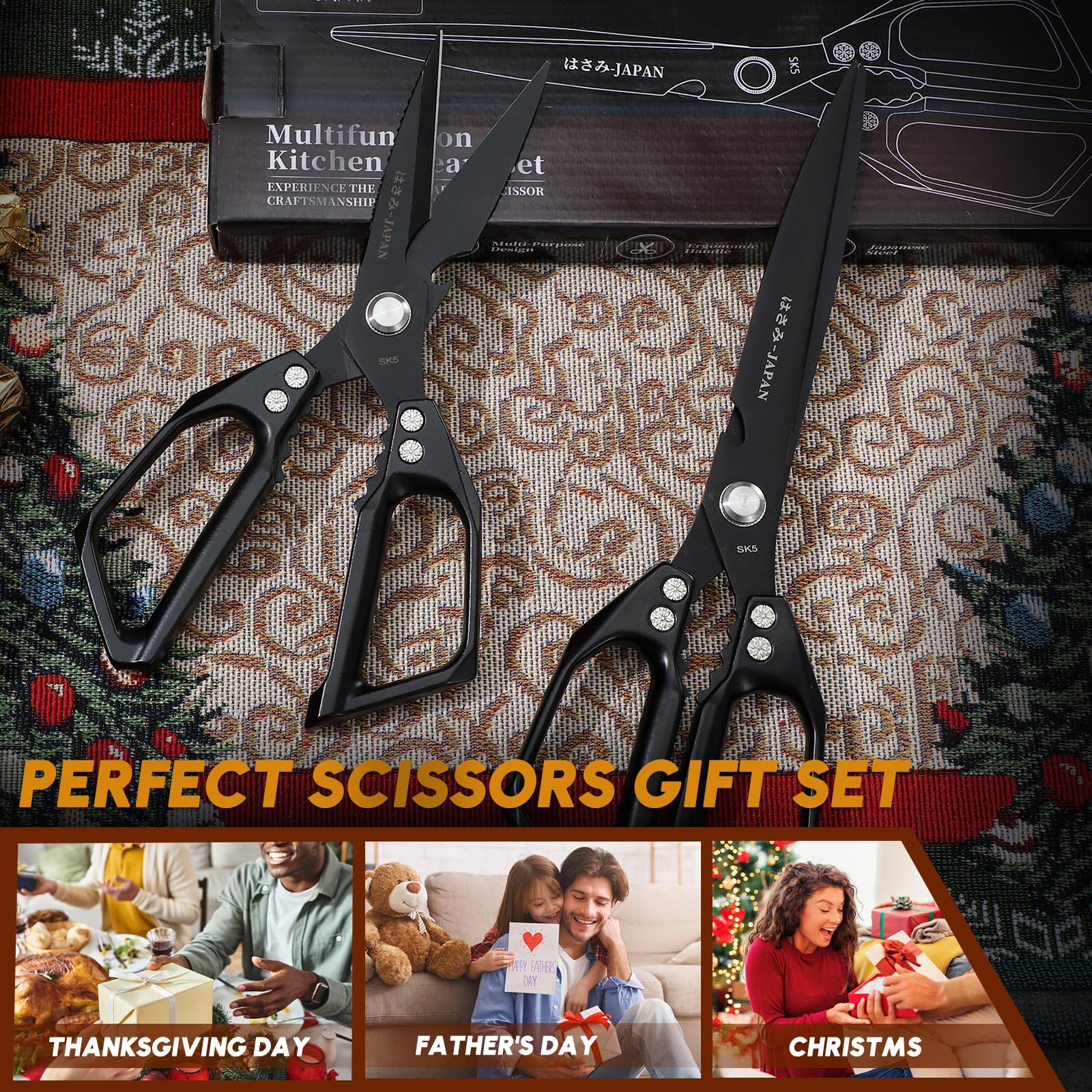 HUUSK Kitchen Scissors Set Black - Upgraded Stainless Steel Kitchen Shear, Sharp Meat Scissors, Heavy Duty Poultry Shears, Japanese Cooking Scissor for Food, Chicken Bones, and Turkey, Dishwasher Safe