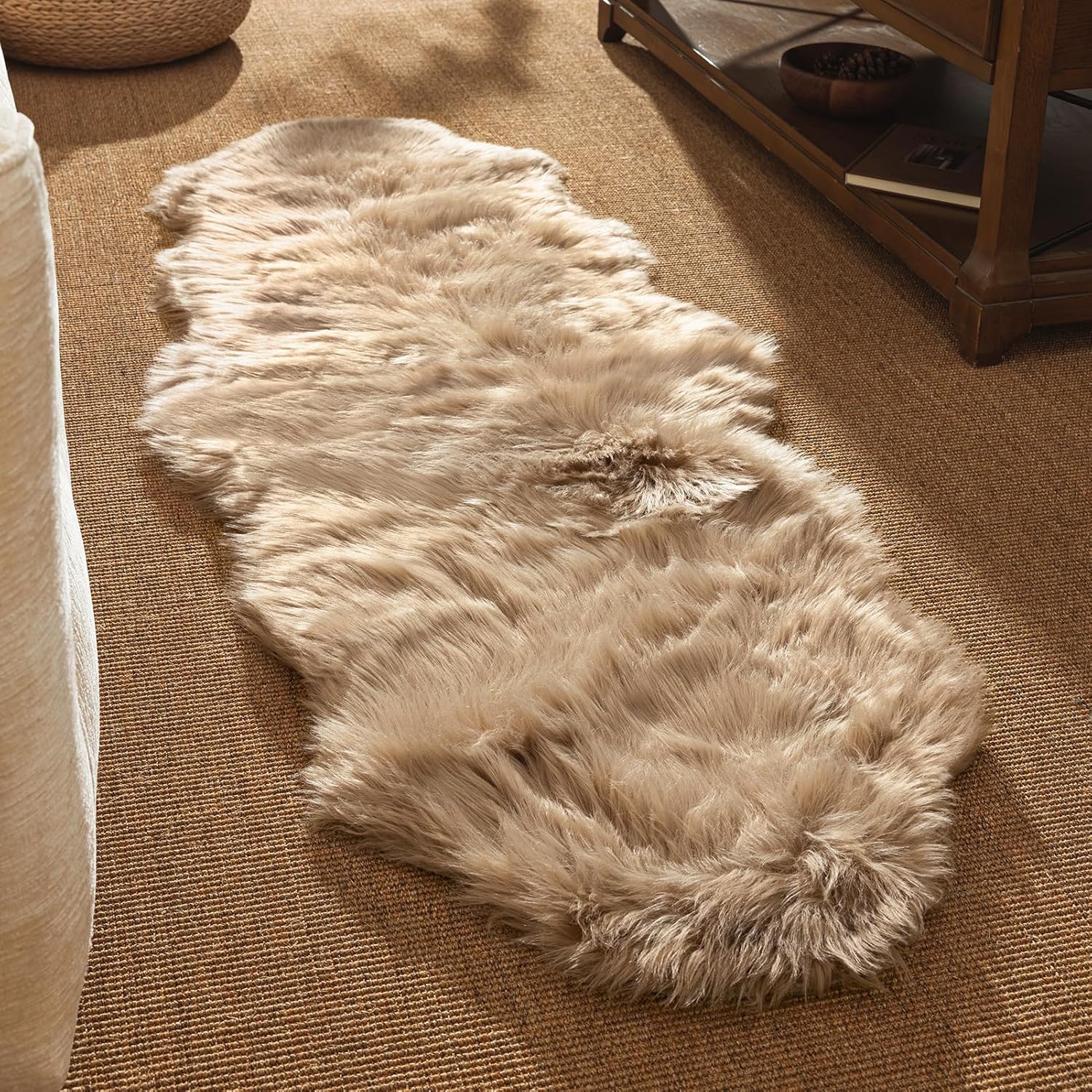 Ashler Faux Fur Rug, Fluffy Shaggy Area Rug Ultra Soft 2 x 6 Feet Sheepskin Fur Rug, Beige Fuzzy Rug Machine Washable Shag Rug, Nursery Decor Throw Rugs for Bedroom, Kids Room, Living Room 2 x 6 ft C-beige
