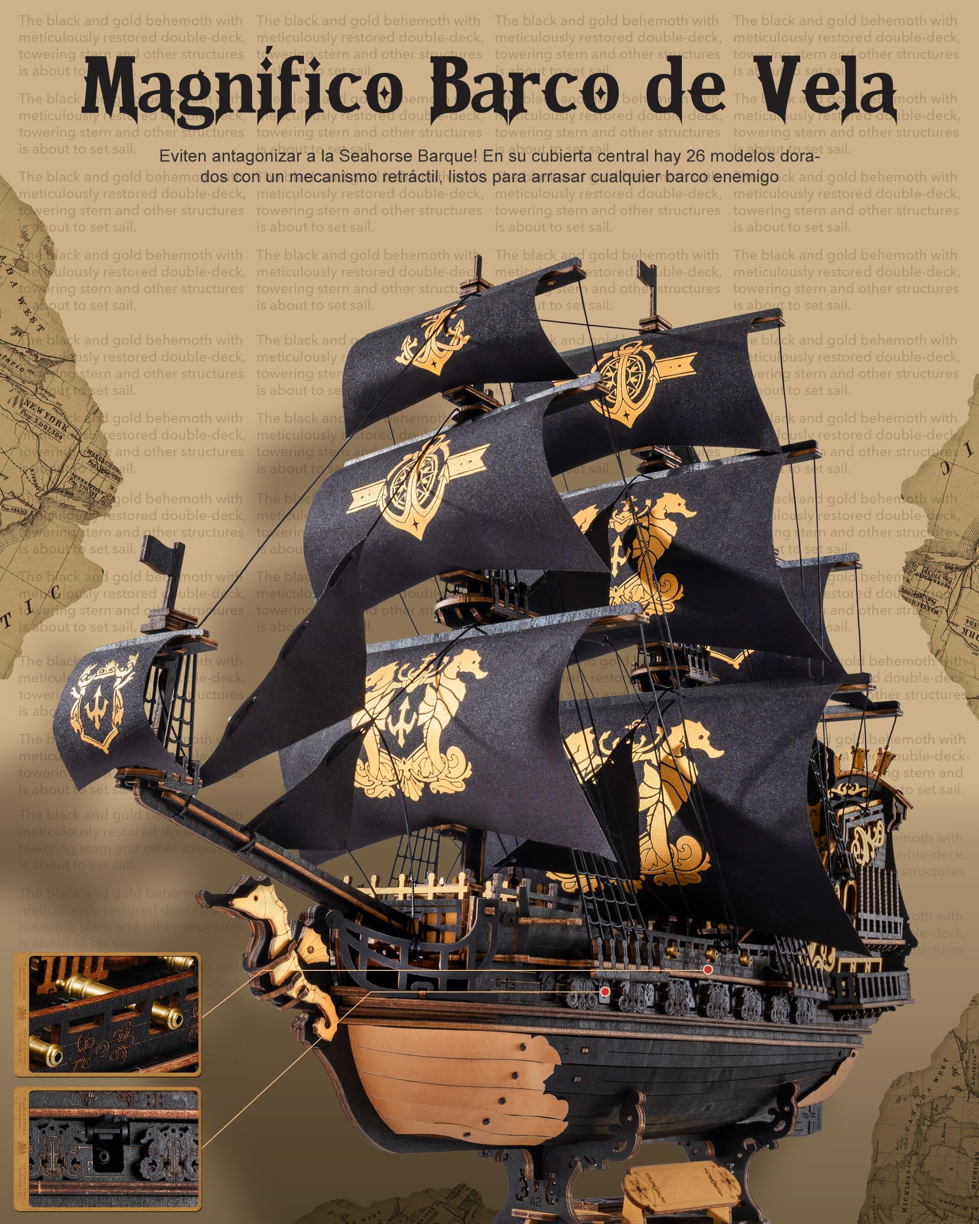 ROBOTIME Puzzle 3D Madera Barco, Maquetas de Barcos para Montar Adultos, Maquetas Veleros para Construir Niños, Escala 1:100 Seahorse Barque MCB02