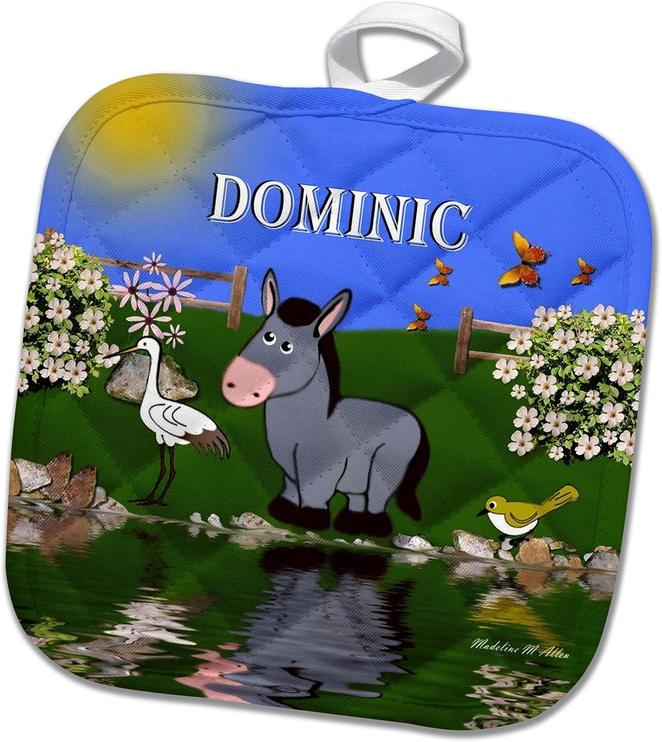 3D Rose Decorative Donkey and Bird Art Design for Children-Personalized with The Name Dominic Pot Holder, 8" x 8"