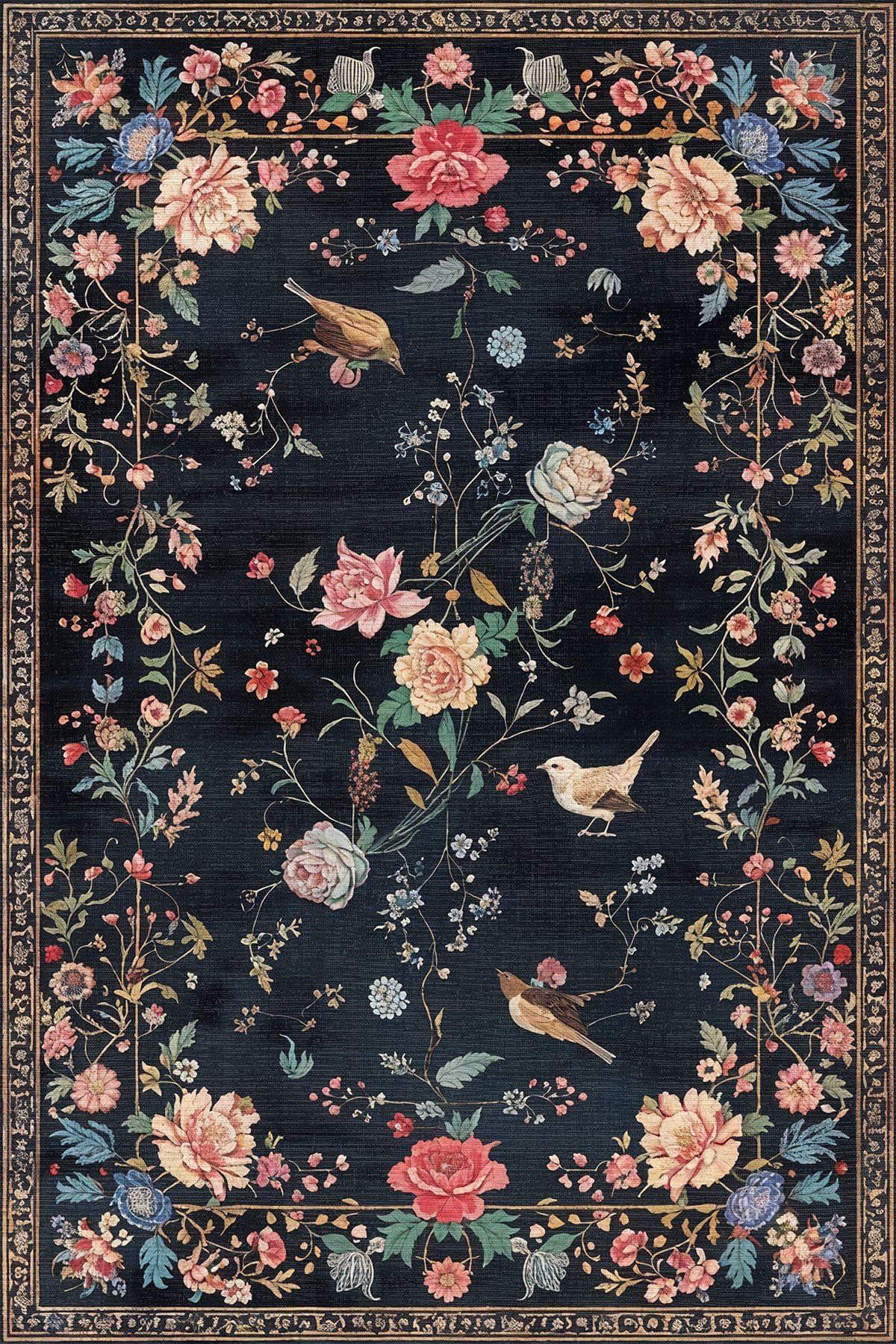 Depoba Conten Çiçekli Şönil Kaymaz Doğal Pamuk Tabanlı Yıkanabilir Antibakteriyel Çevre Dostu Salon Halısı 160x230