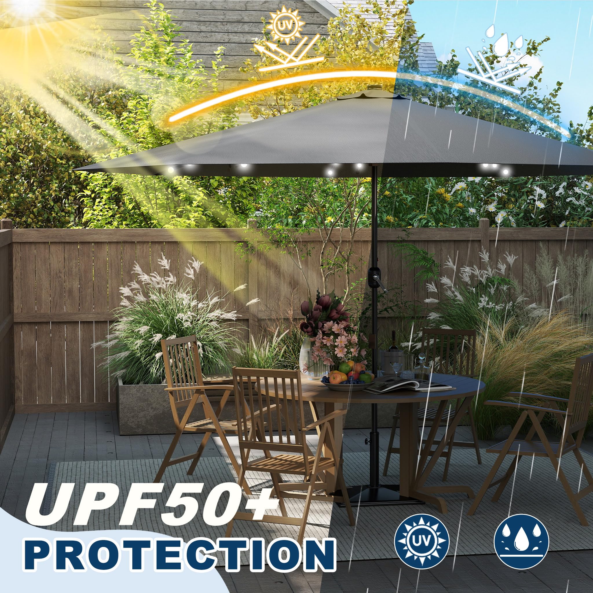 Froadp Sonnenschirm Groß, Achteckiger Strandschirm aus Polyester, Sonnenschutz Gartenschirm mit Regenschirmgriff, Tragbare Gartenschirm für Balkon Terrasse Schwimmbad (mit LED, Dunkelgrau/Beige)